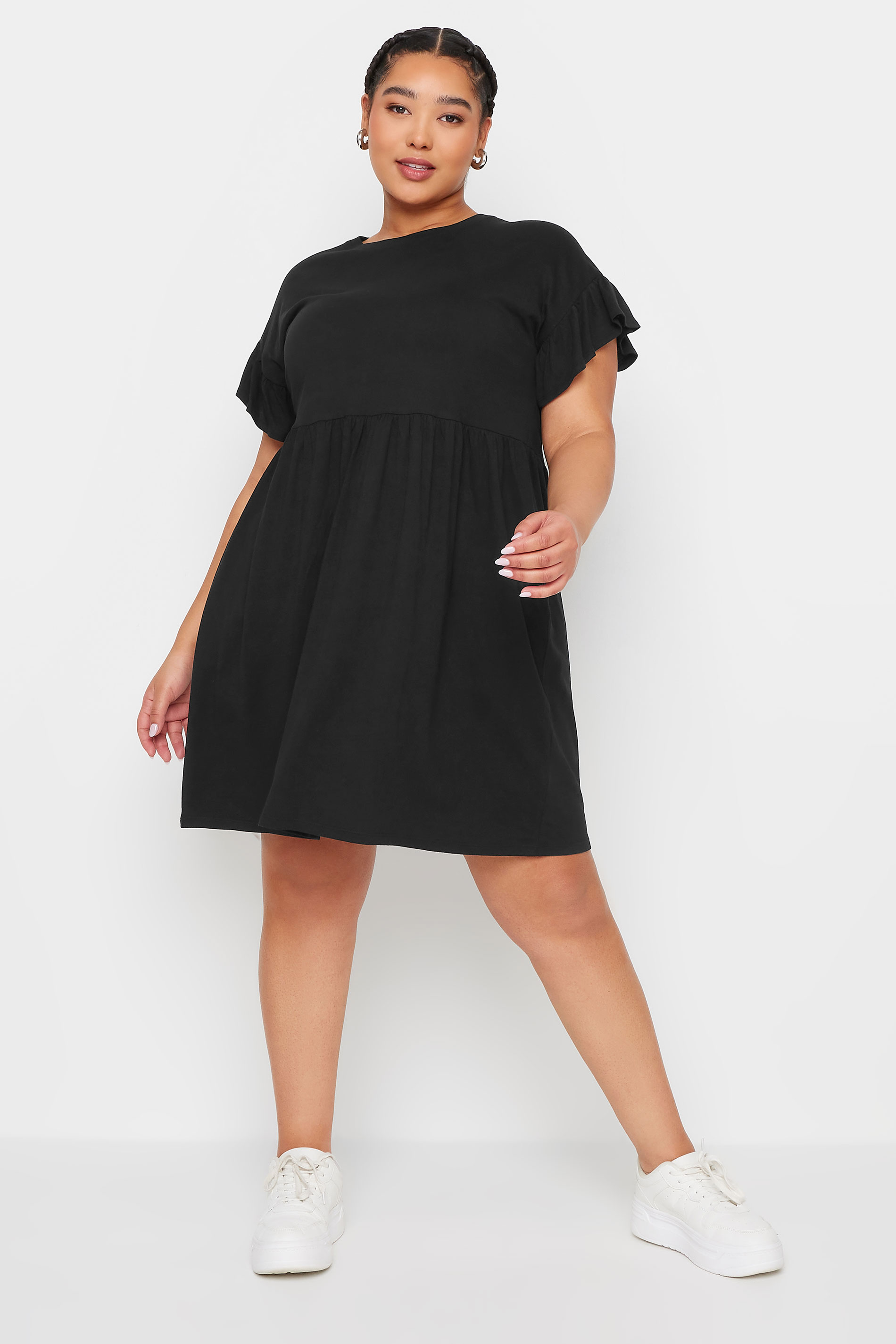 YOURS Plus Size Black Frill Sleeve Smock Tunic Dress | Yours Clothing 3