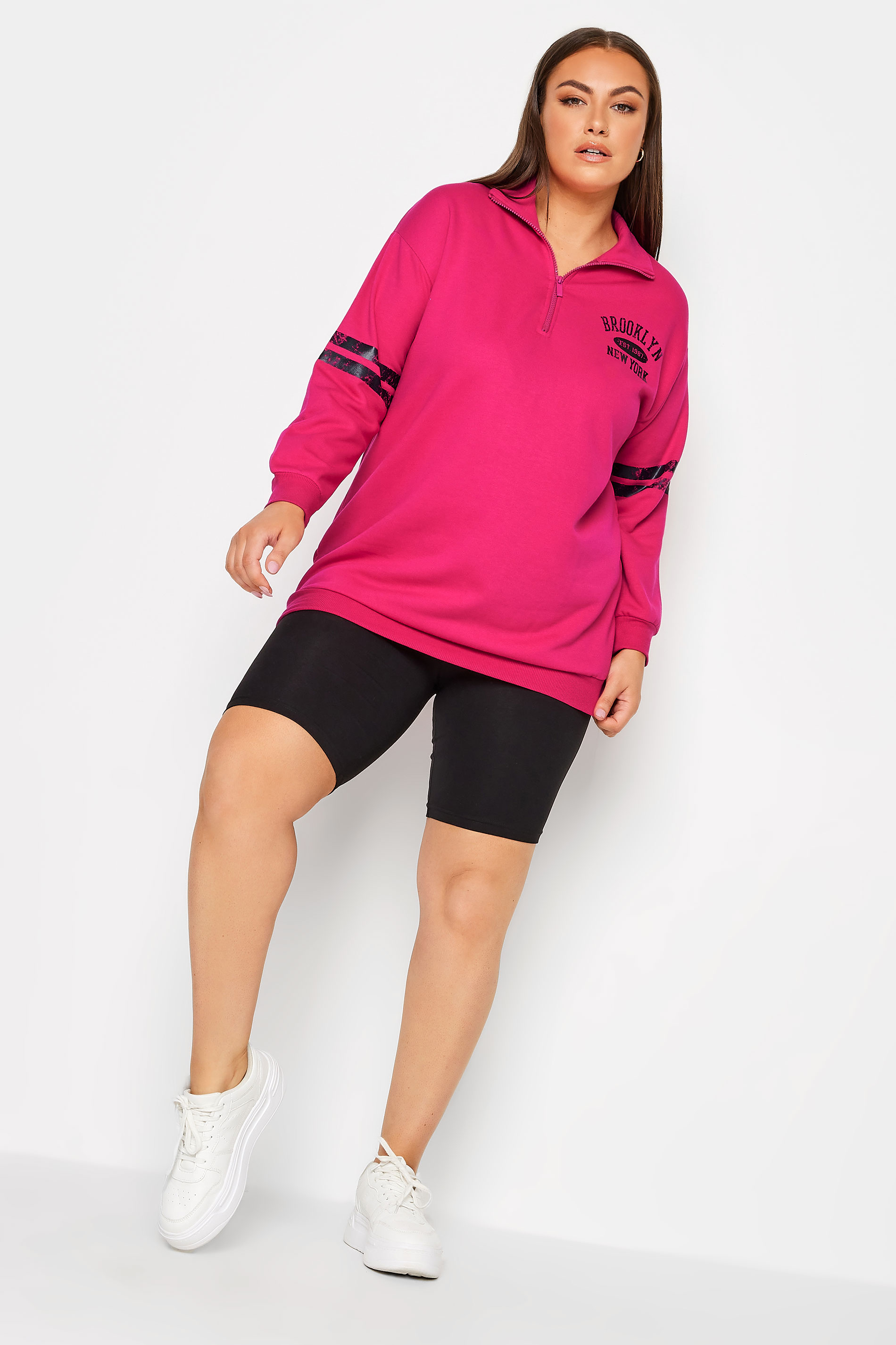 YOURS Plus Size Pink 'Brooklyn' Varsity Half Zip Sweatshirt | Yours Clothing 3