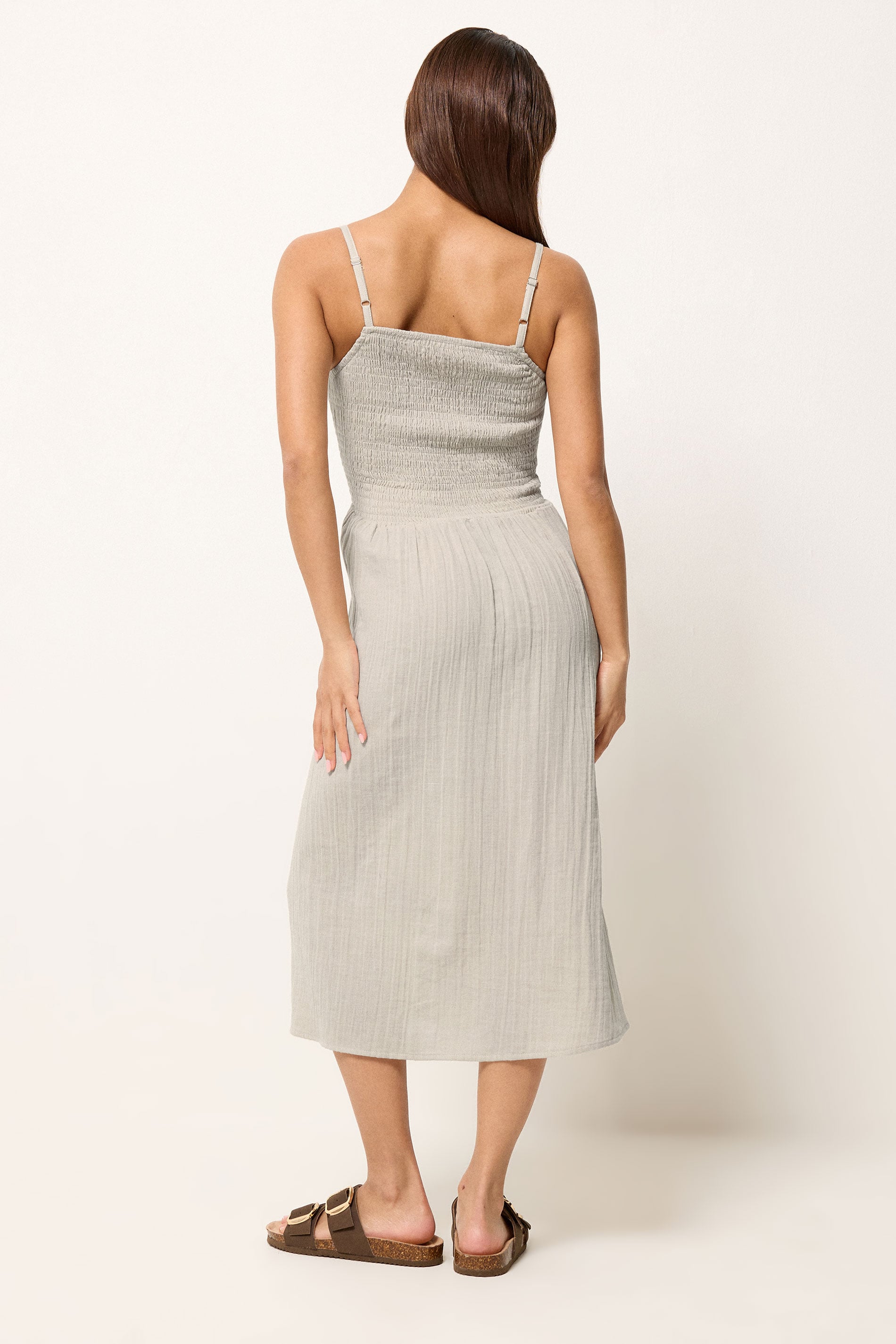 PixieGirl Petite Women's Stone Brown Cotton Cheesecloth Midi Dress | PixieGirl 4