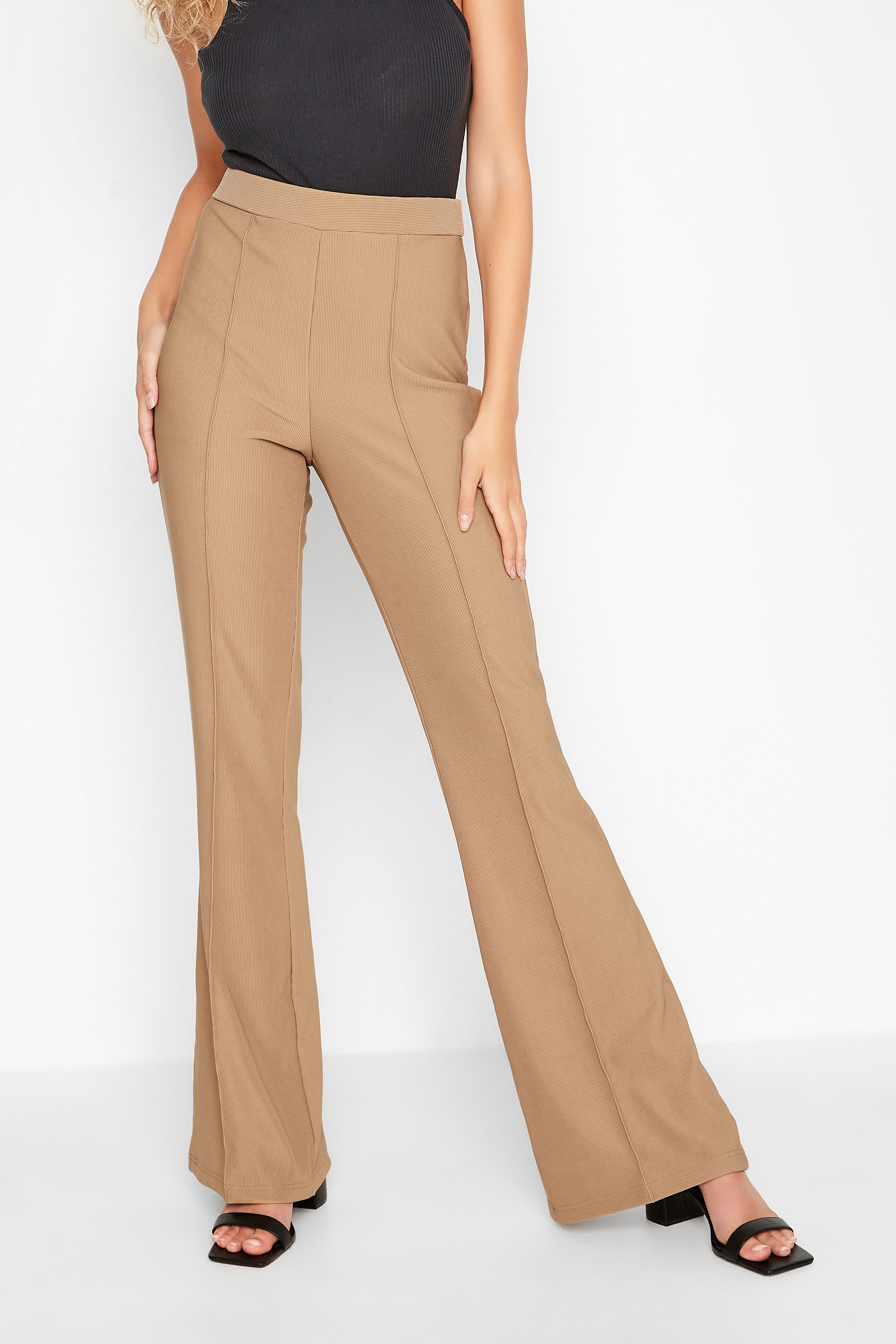 LTS Tall Women's Camel Brown Ribbed Kick Flare Trousers | Long Tall Sally  1