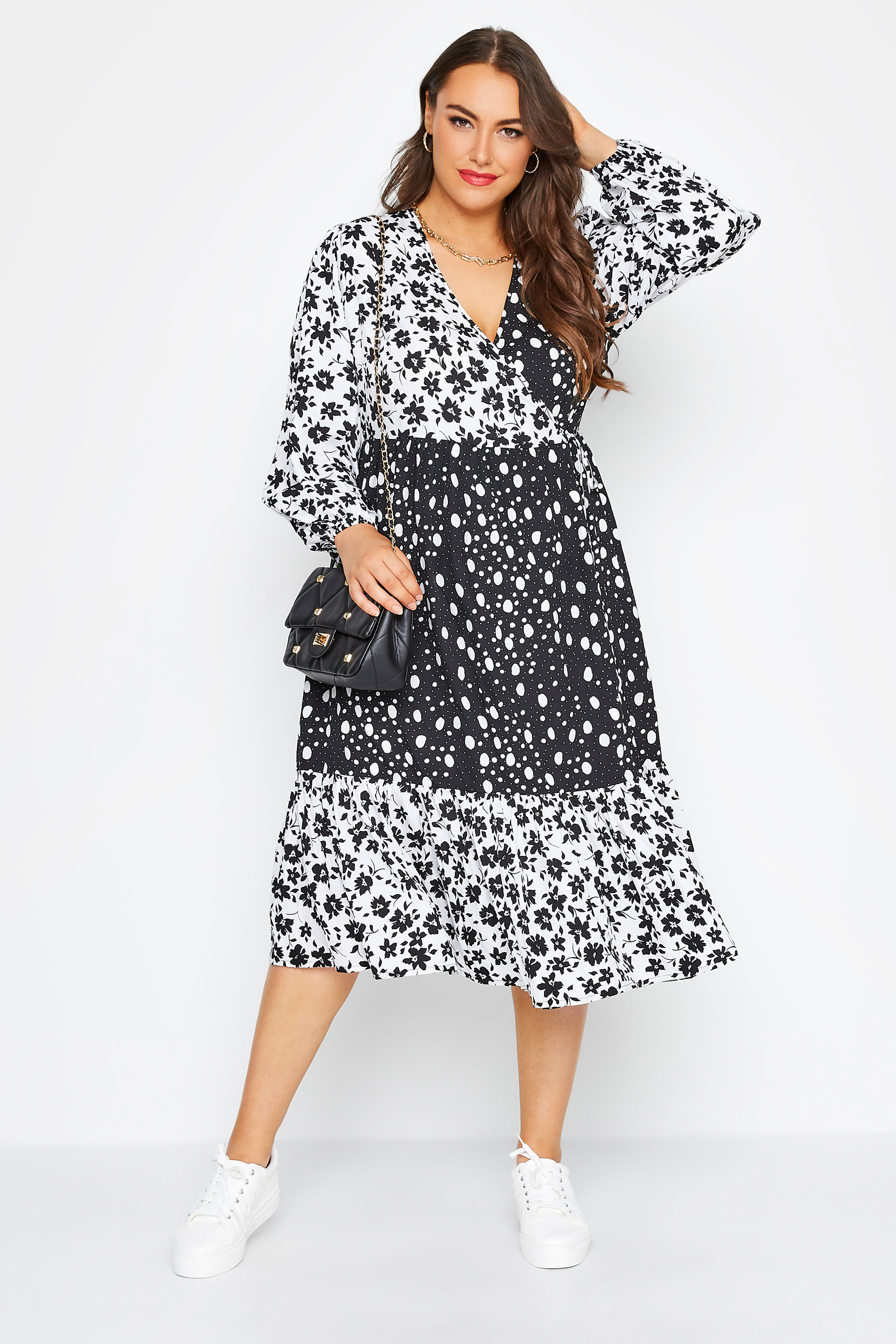 LIMITED COLLECTION Plus Size Black & White Floral Wrap Dress | Yours Clothing 1