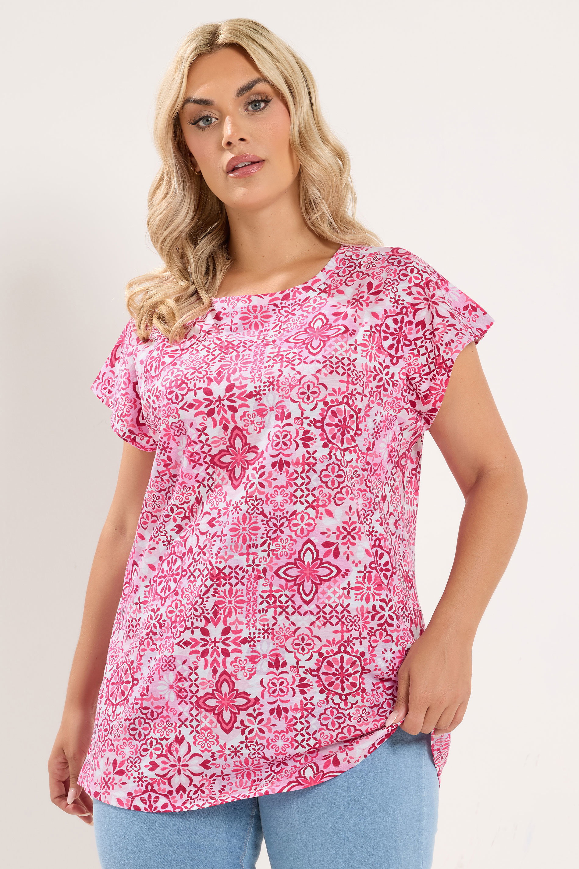 YOURS Plus Size Pink Tile Print Grown On Sleeve T-Shirt | Yours Clothing 3