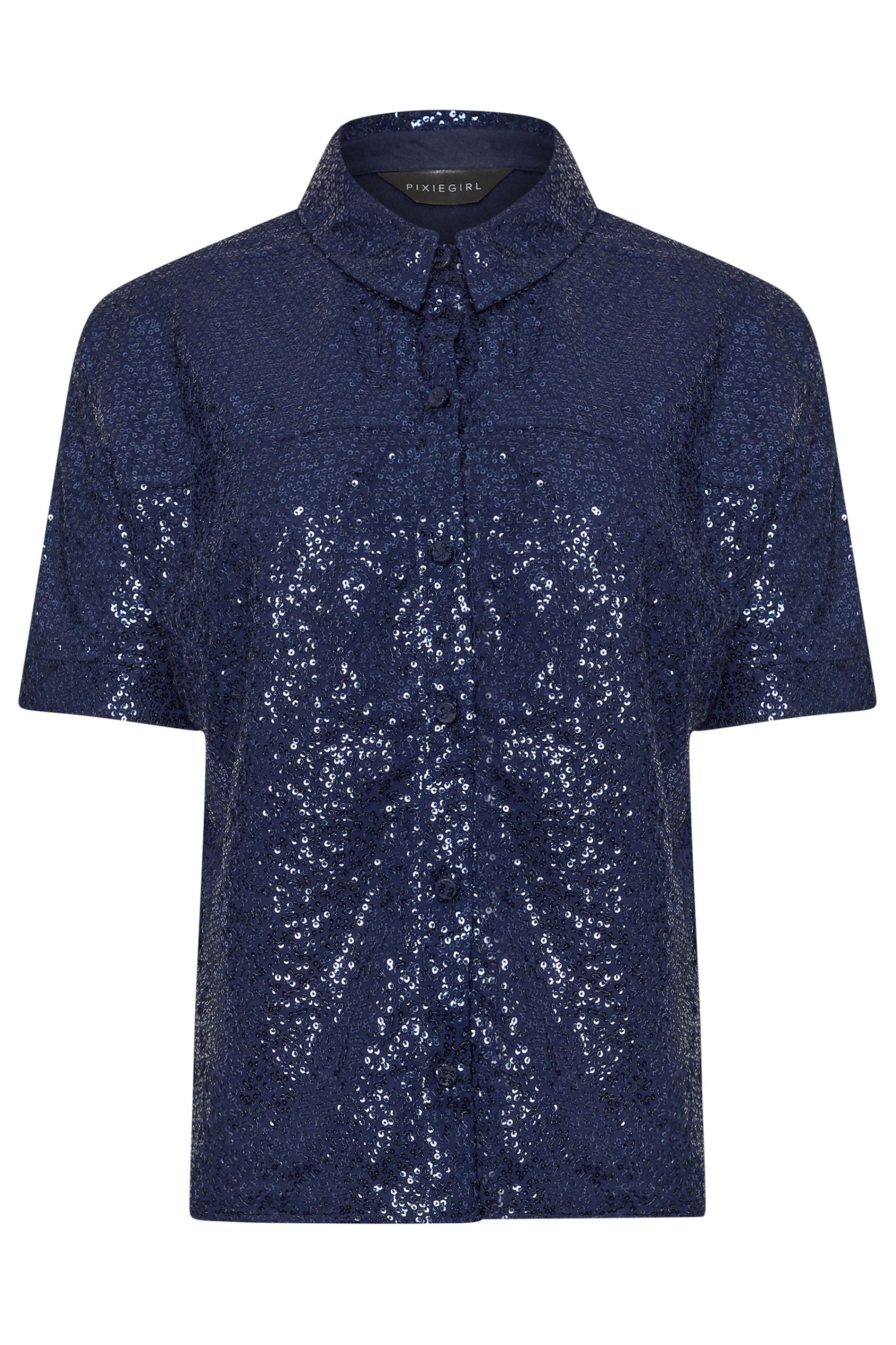 PixieGirl Petite Women's Navy Blue Sequin Embellished Short Sleeve Shirt | PixieGirl 8