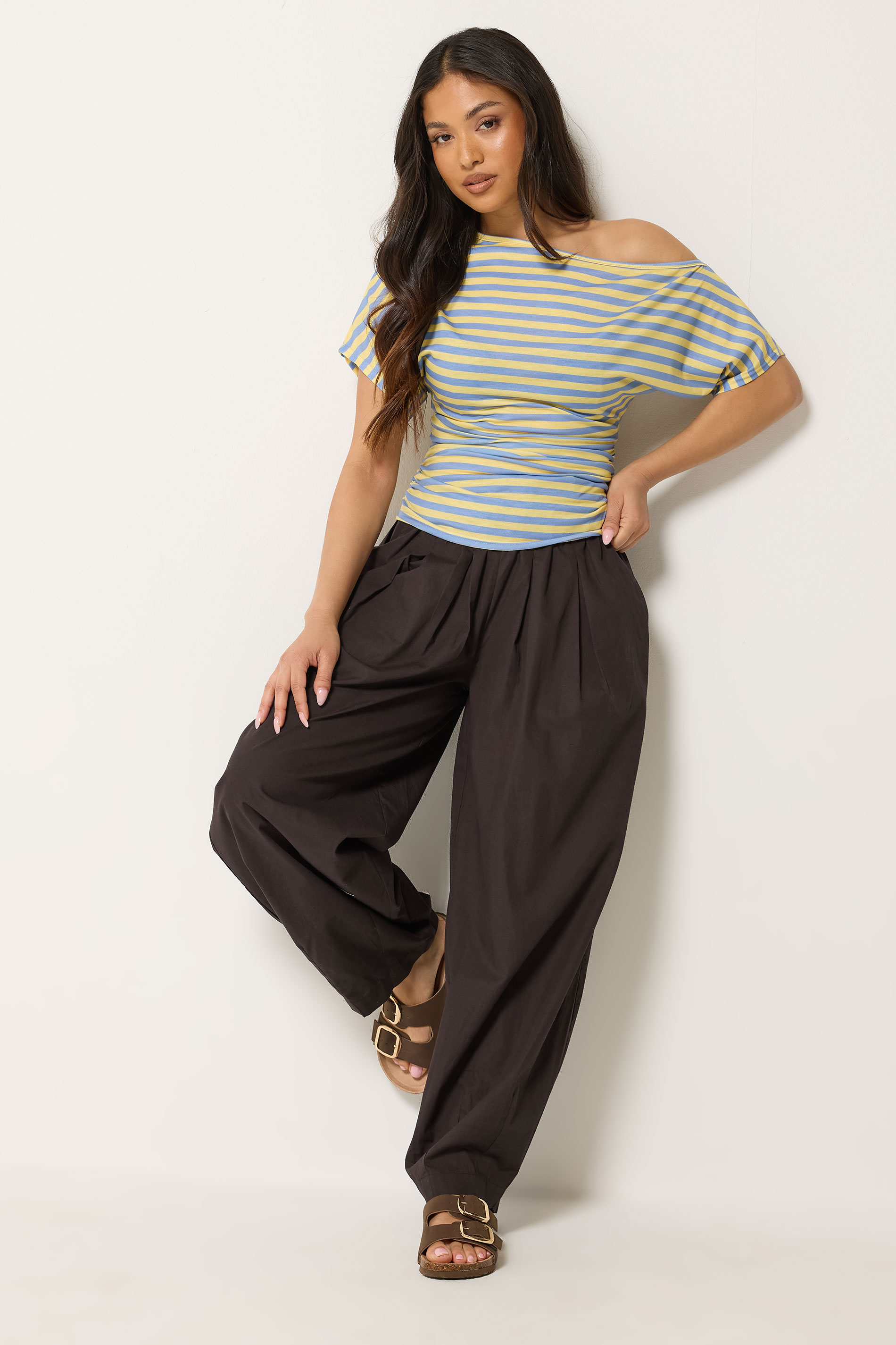 PixieGirl Petite Women's Chocolate Brown Poplin Cotton Barrel Leg Trousers | PixieGirl 3