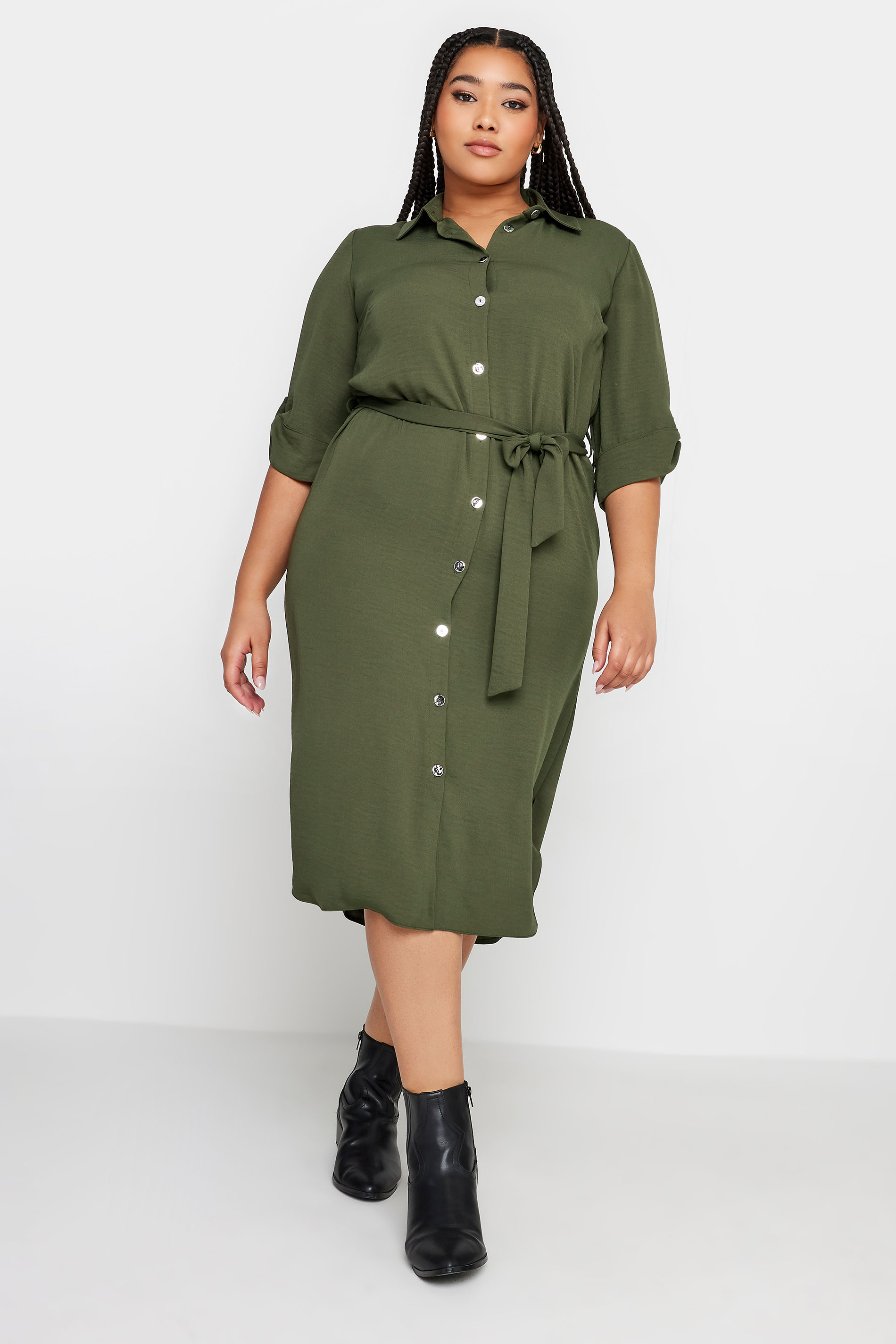 YOURS Plus Size Khaki Green Midi Shirt Dress | Yours Clothing 1