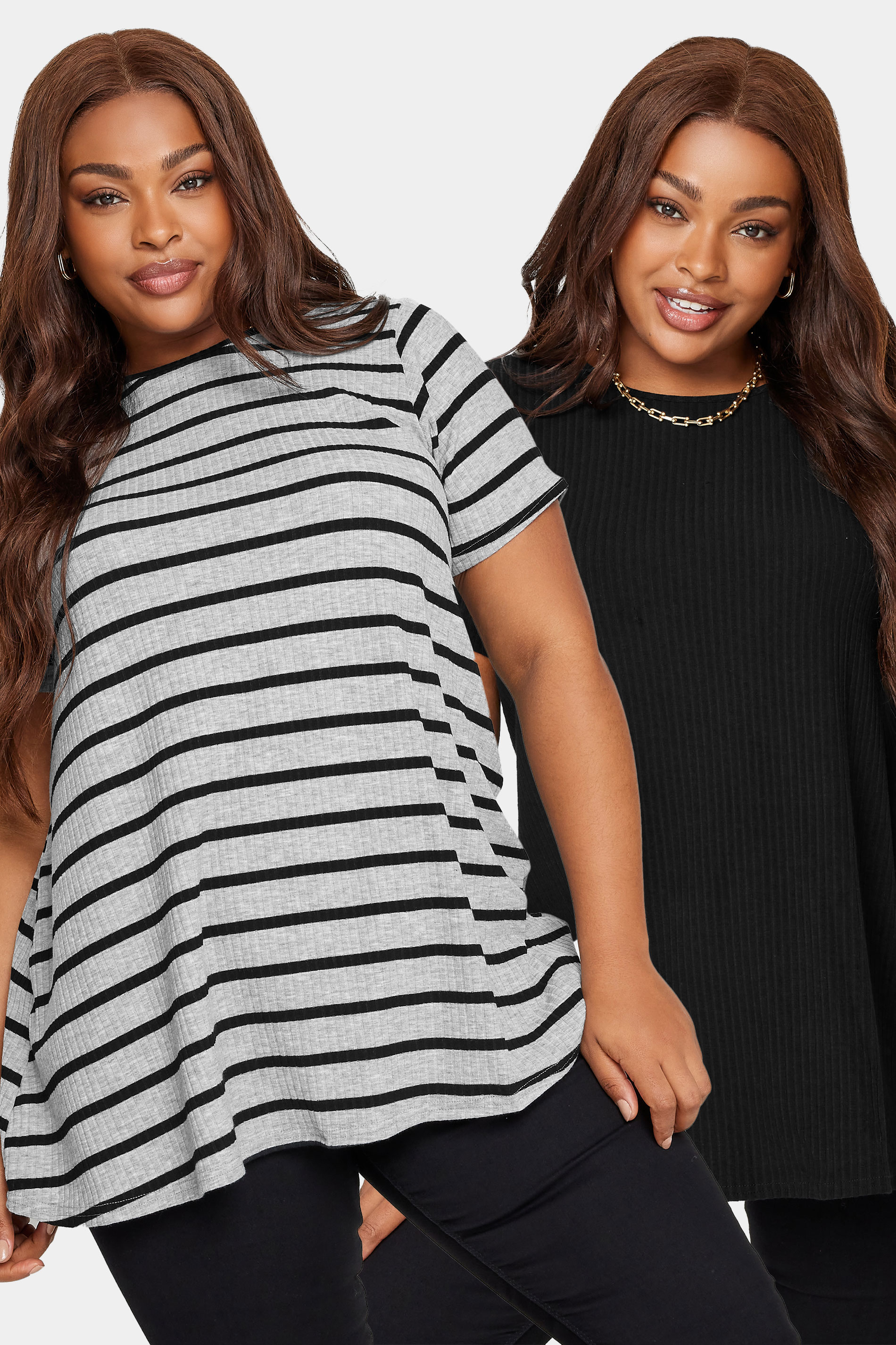 YOURS Plus Size 2 Pack Black Ribbed Swing T-Shirts | Yours Clothing 1
