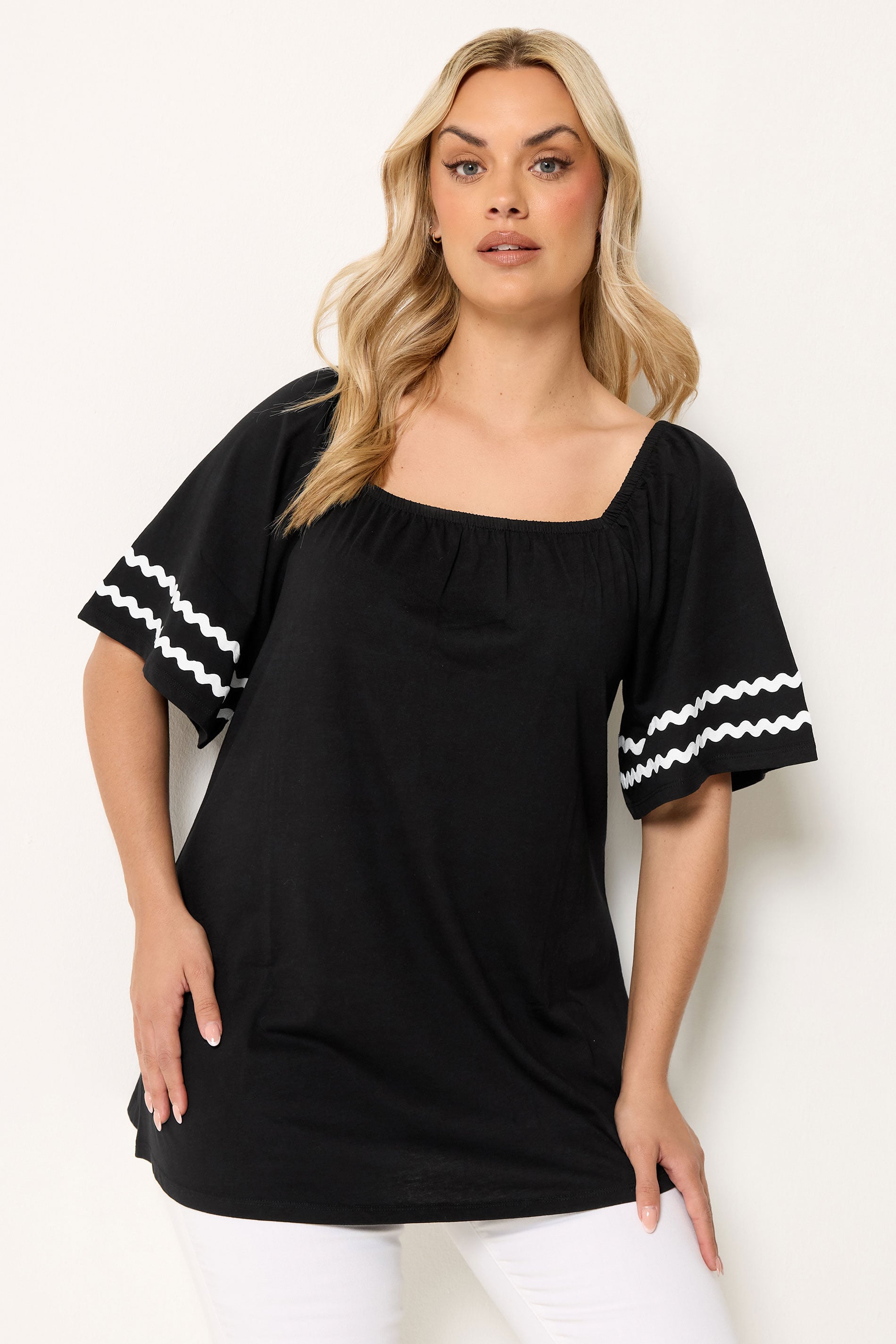 YOURS Plus Size Black Contrast Trim Square Neck T-Shirt | Yours Clothing 3
