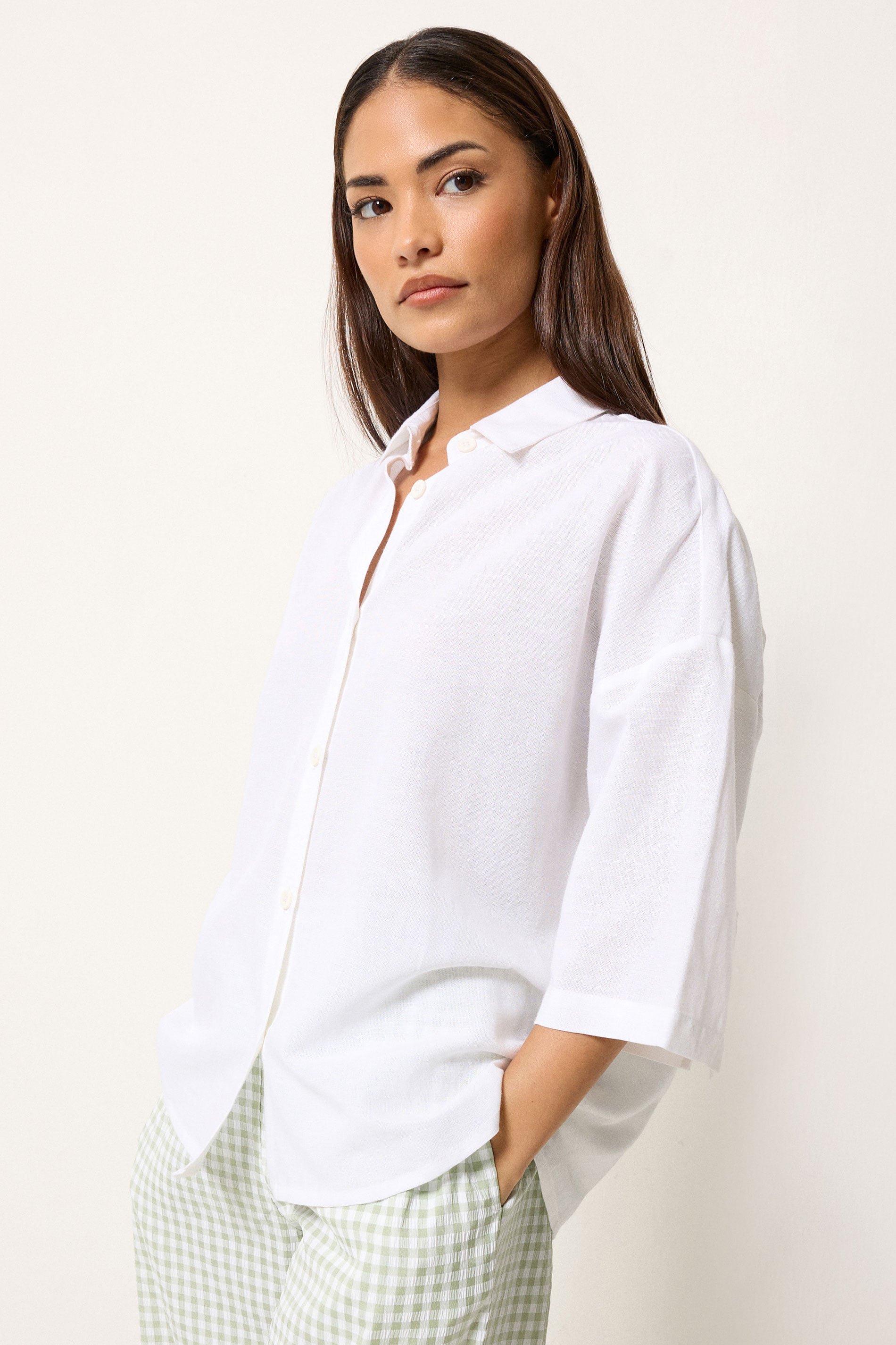 PixieGirl Petite Women's White Short Sleeve Linen Shirt | PixieGirl 3
