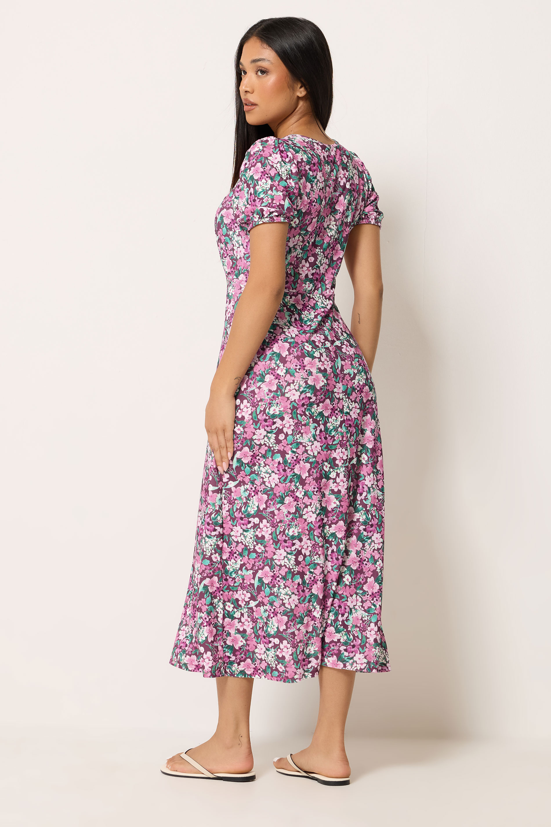 M&Co Petite Berry Purple Floral Short Sleeve Midi Dress | M&Co 2