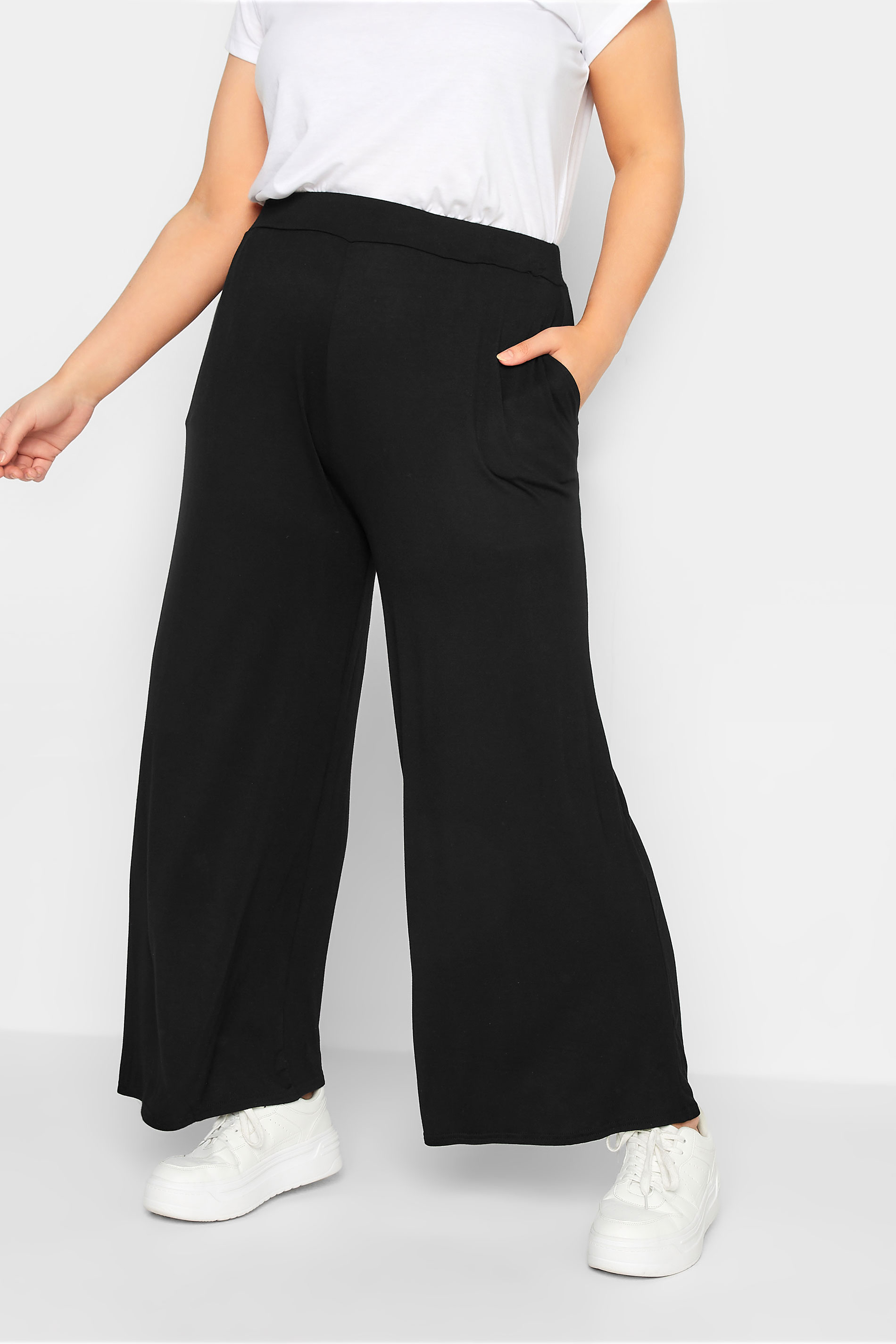 Plus Size Black Wide Leg Stretch Trousers | Yours Clothing 1