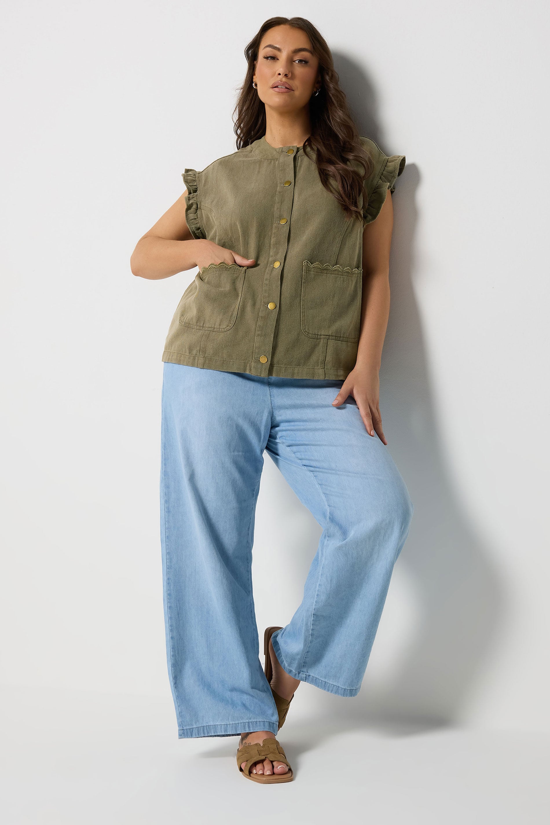 YOURS Plus Size Khaki Green Denim Waistcoat | Yours Clothing 1