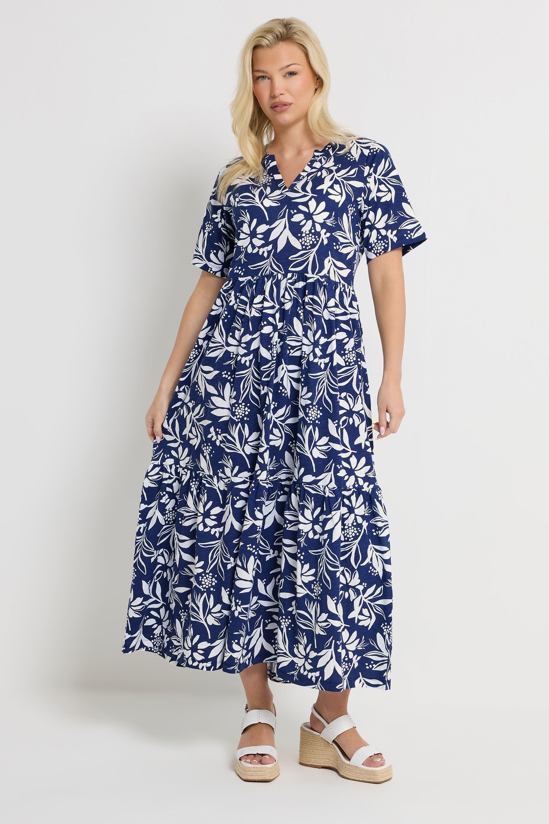 M&Co Blue Leaf Print Notch Neck Cotton Maxi Dress | M&Co 3