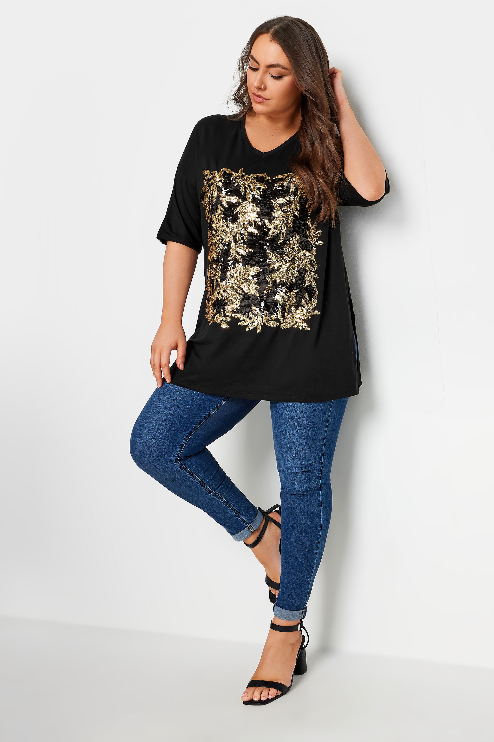 YOURS Plus Size Black Sequin Embellished Design T-Shirt | Yours Clothing 2
