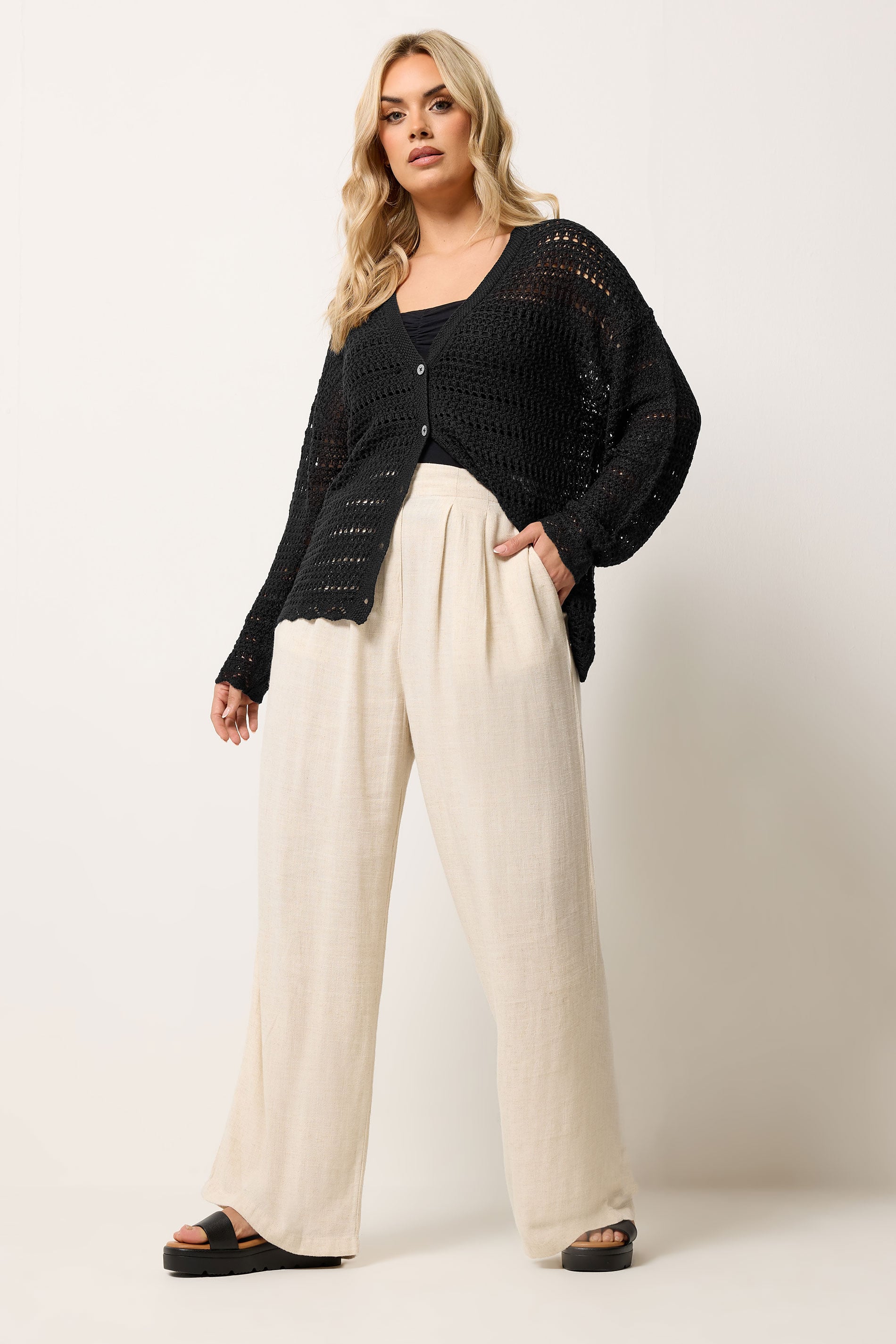 YOURS Plus Size Black Pointelle Knit Cardigan | Yours Clothing 1