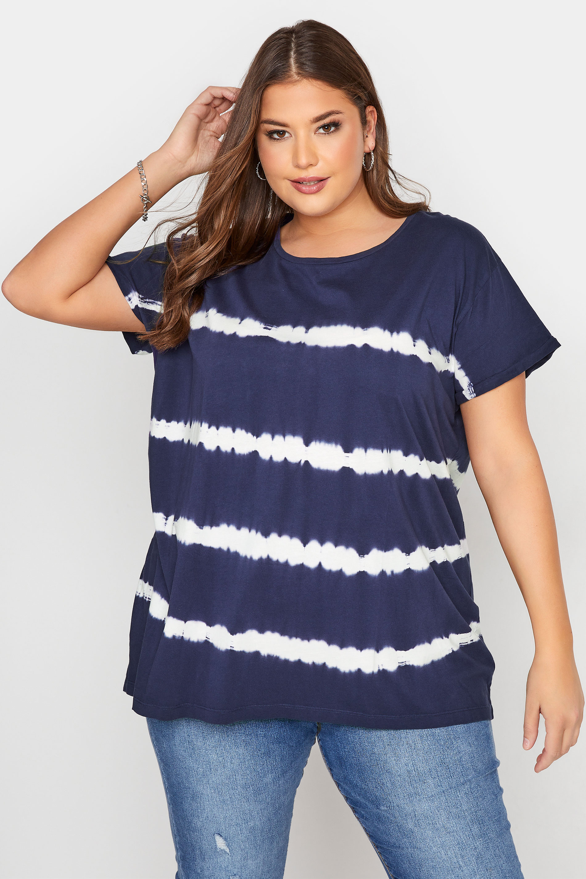YOURS FOR GOOD Curve Navy Blue Tie Dye T-Shirt_A.jpg