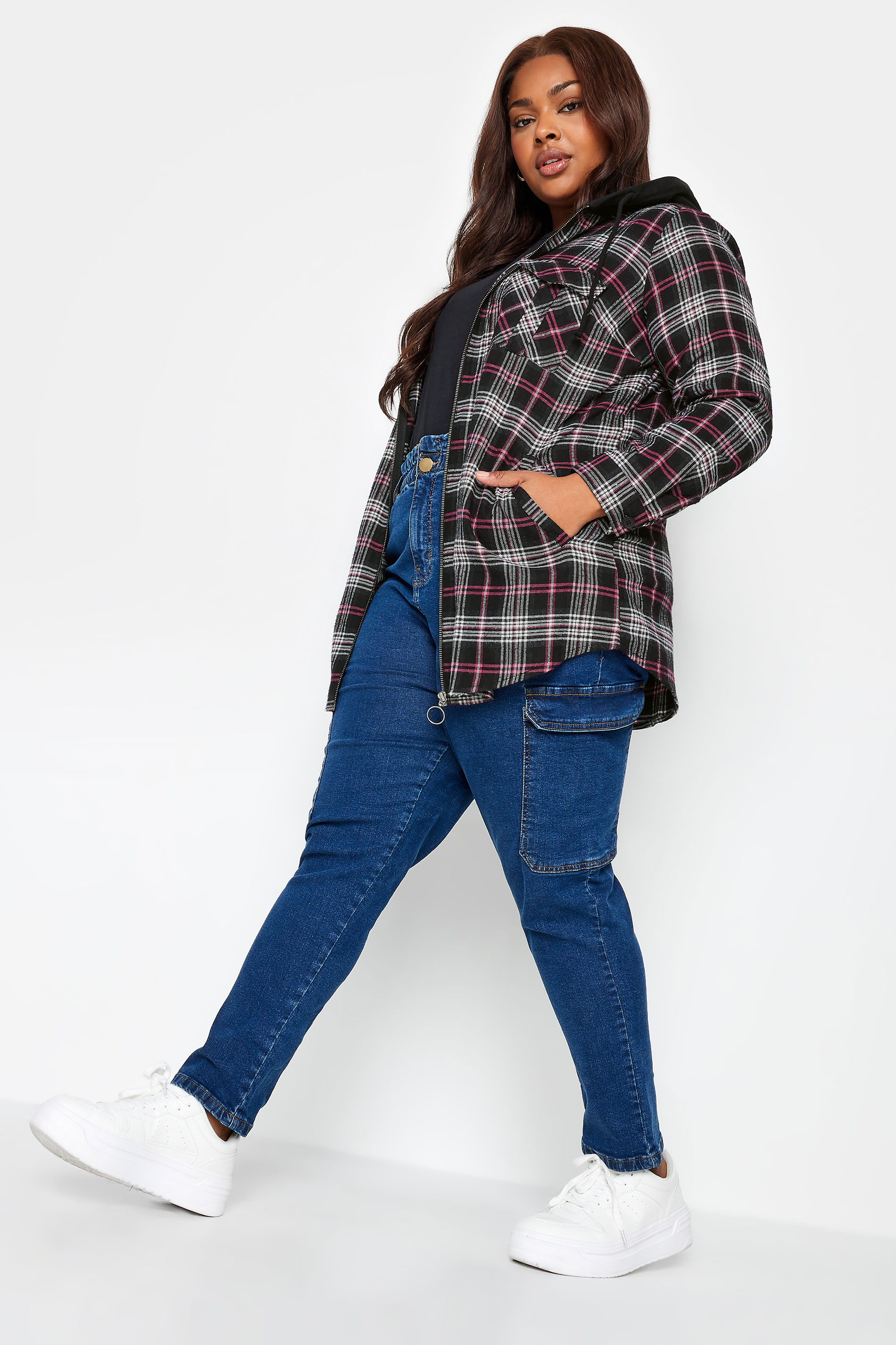 YOURS Plus Size Pink Check Print Hooded Shirt | Yours Clothing 3