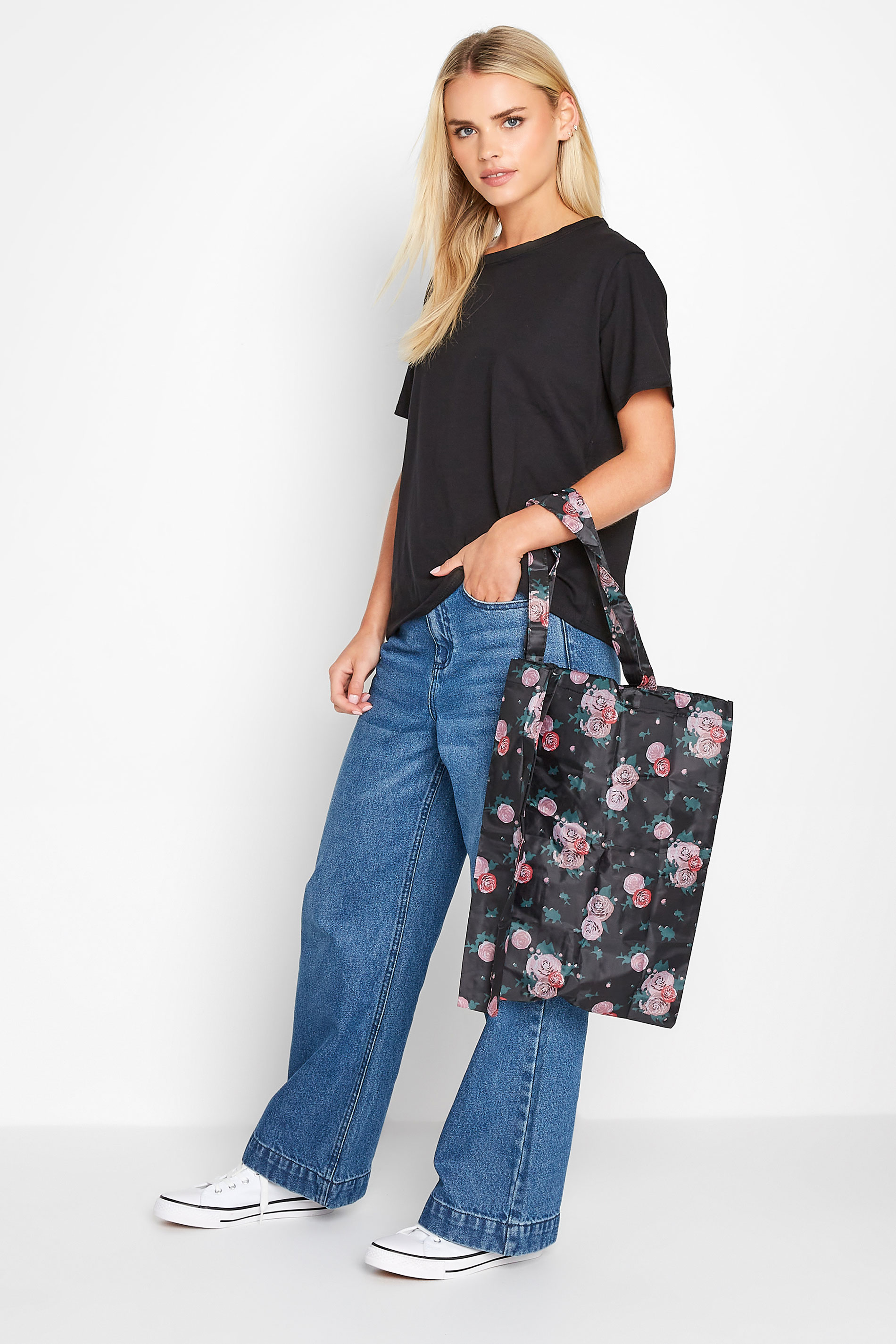 Black Floral Fold Up Shopper Bag 1