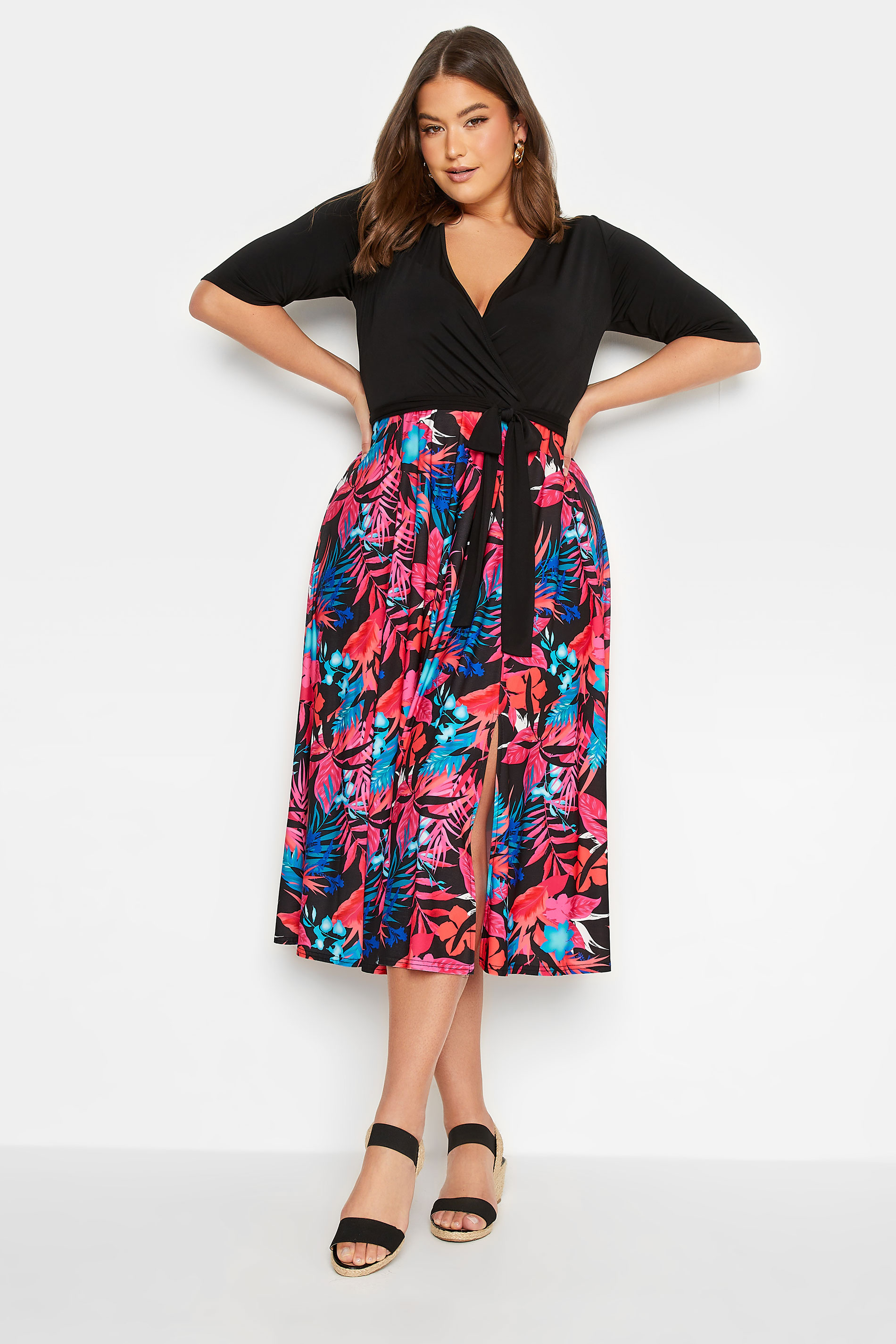 YOURS LONDON Plus Size Black Tropical Print Wrap Dress | Yours Clothing 1