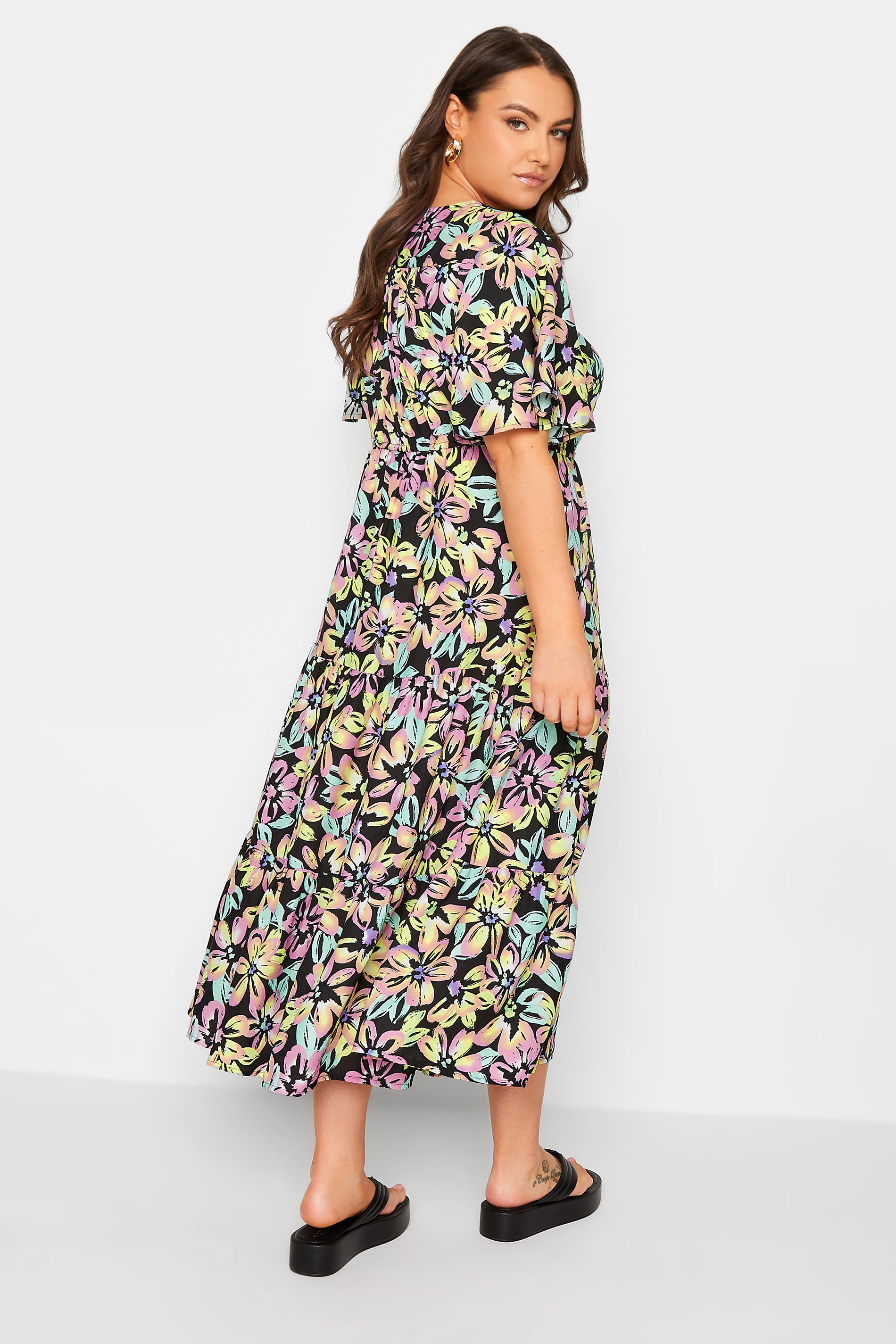 YOURS Plus Size Black Neon Floral Tiered Midi Dress | Yours Clothing 3