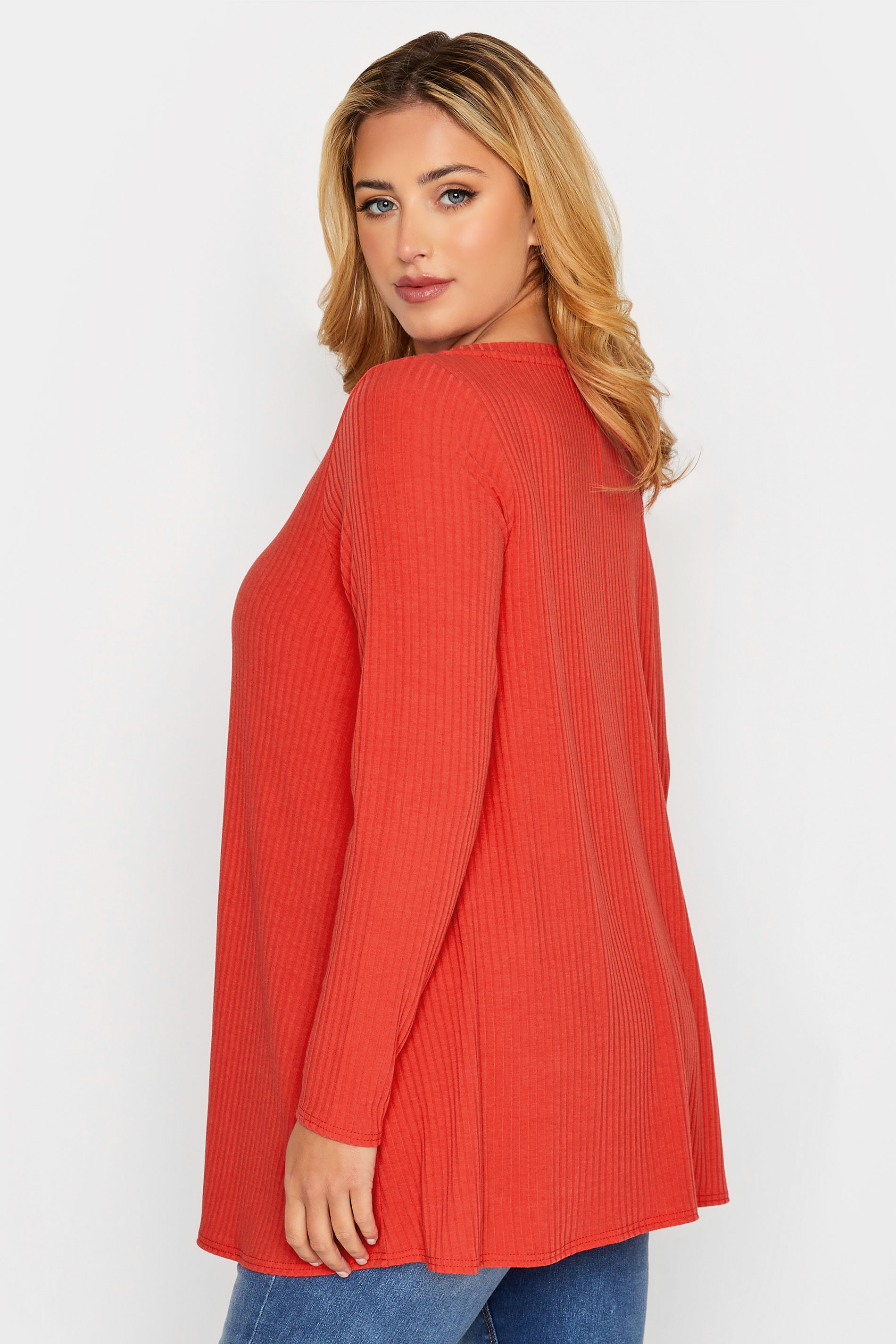 Plus Size Bright Red Long Sleeve Ribbed Swing Top | Yours Clothing 3