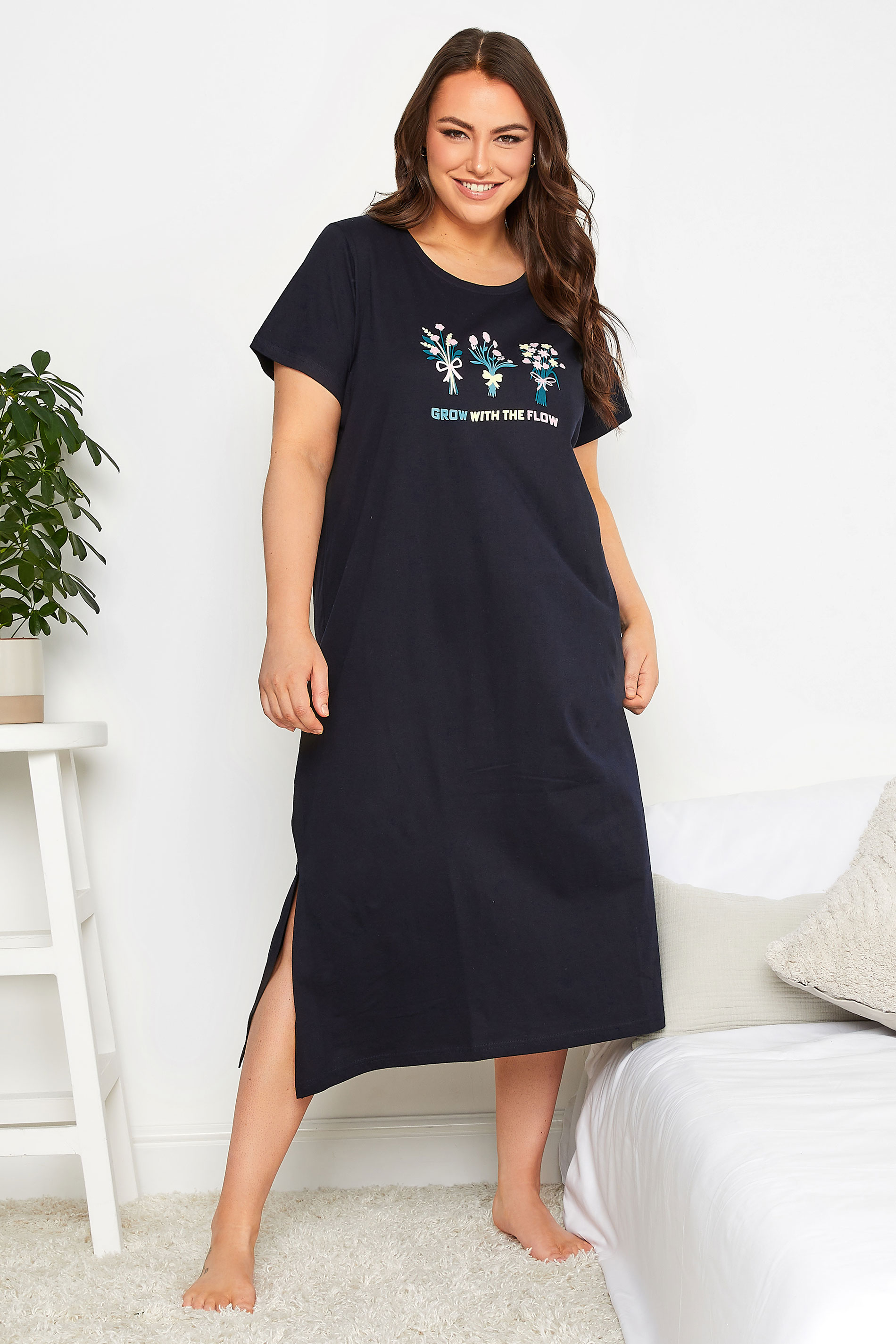 YOURS Curve Plus Size Navy Blue 'Grow With The Flow' Midaxi Nightdress | Yours Clothing 1