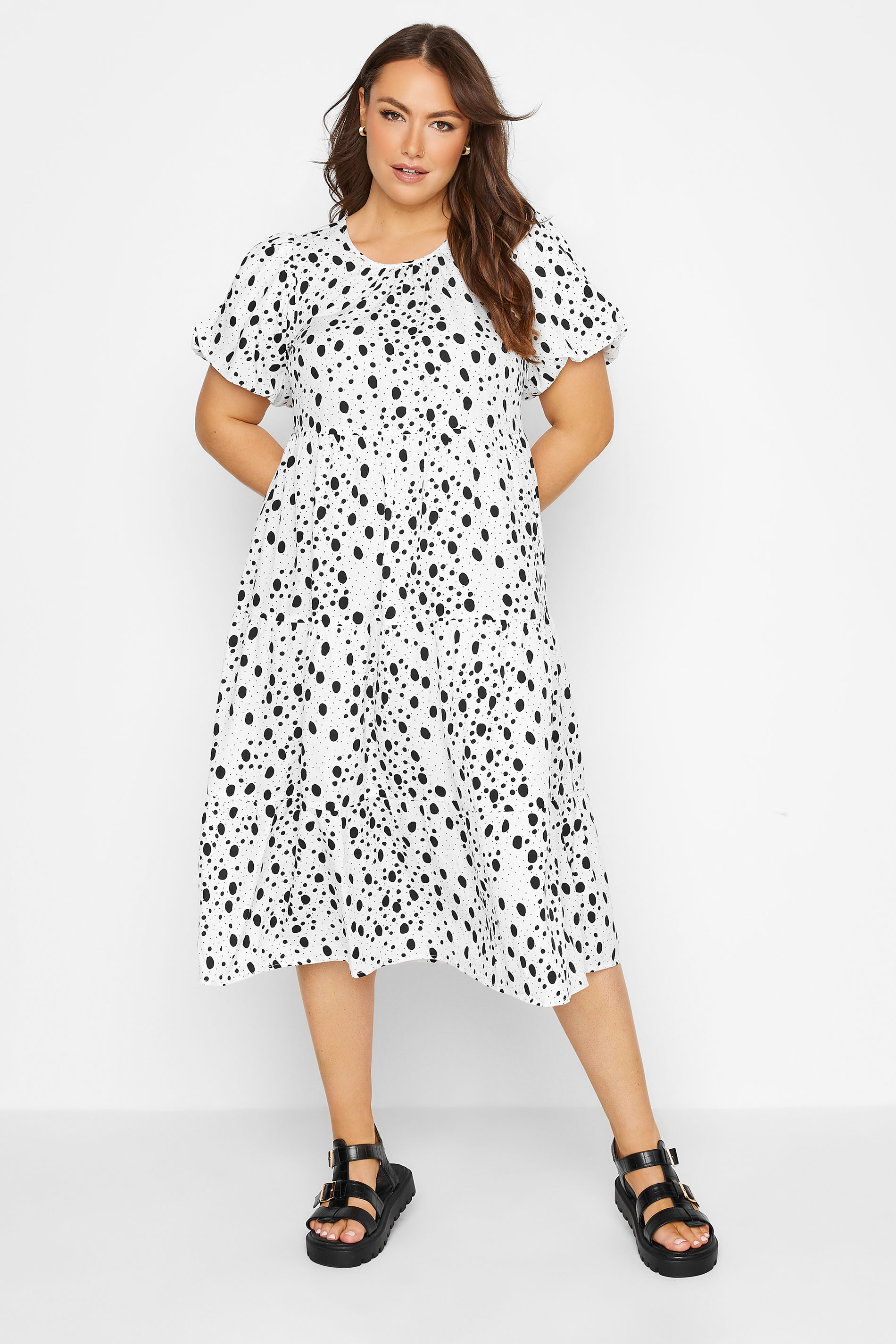 Plus Size White Dalmatian Print Tiered Smock Midaxi Dress | Yours Clothing 2