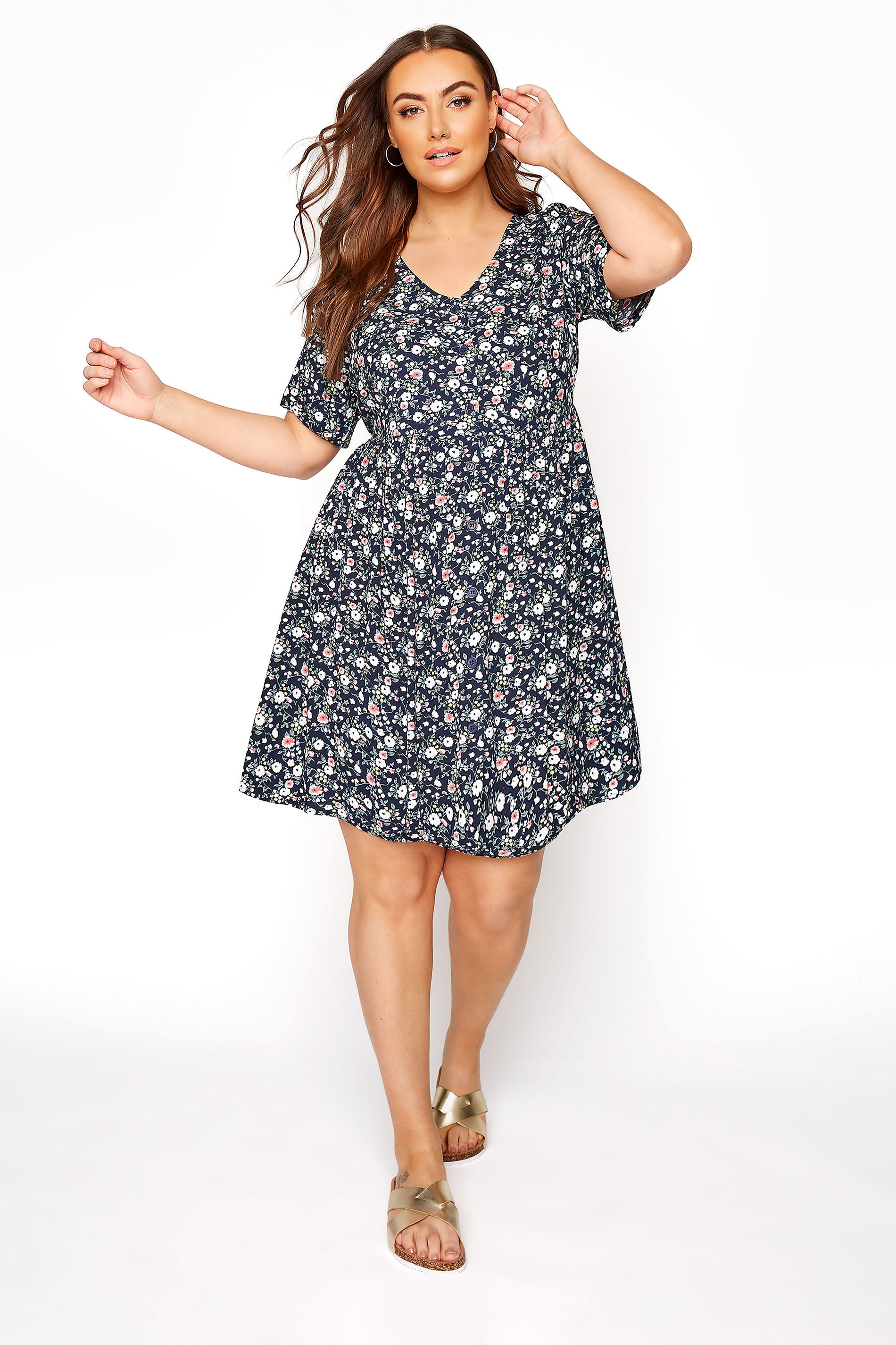 Navy Floral Button Through Peplum Dress | Yours Clothing