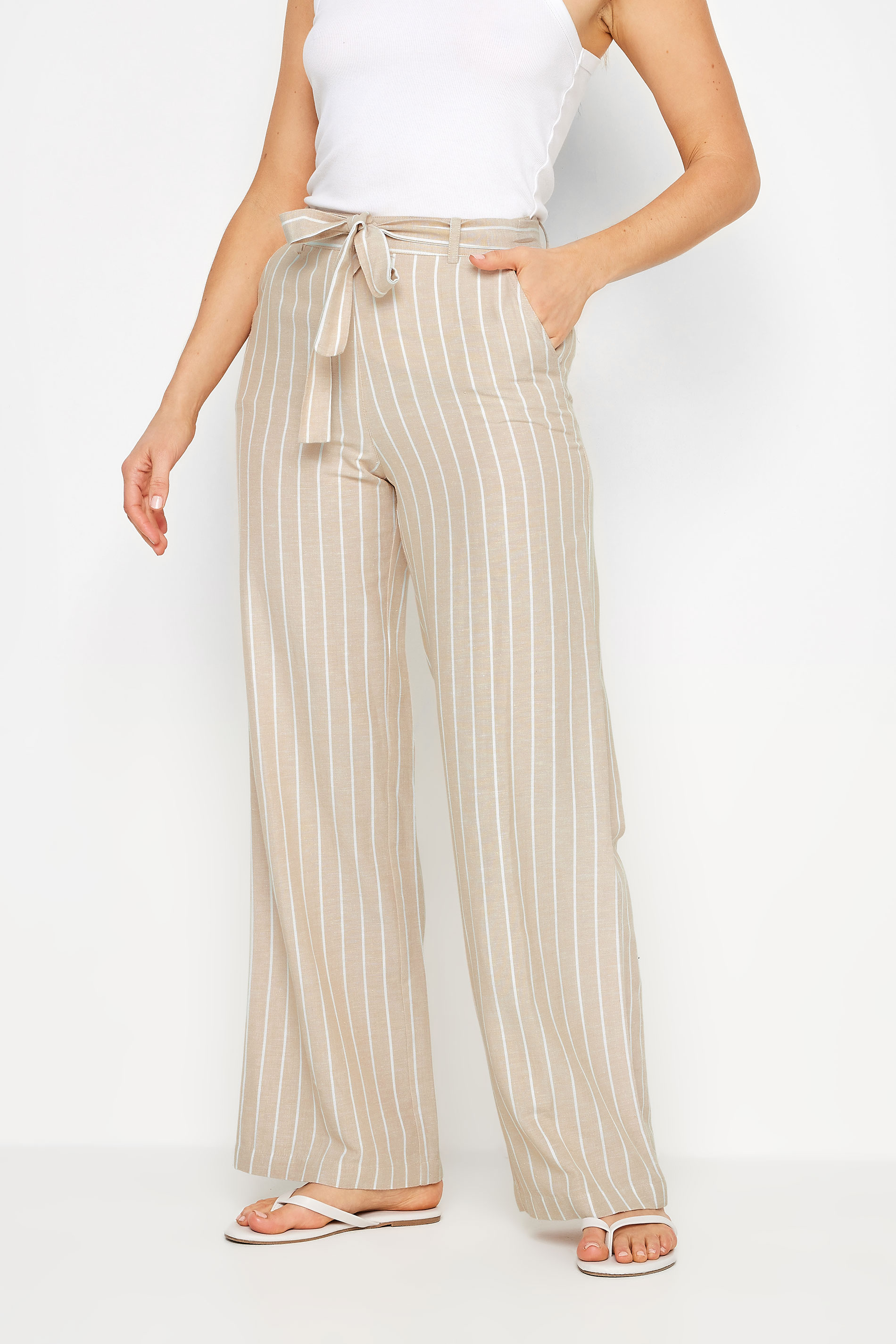 LTS Tall Women's Stone Brown Stripe Linen Wide Leg Trousers | Long Tall Sally 2