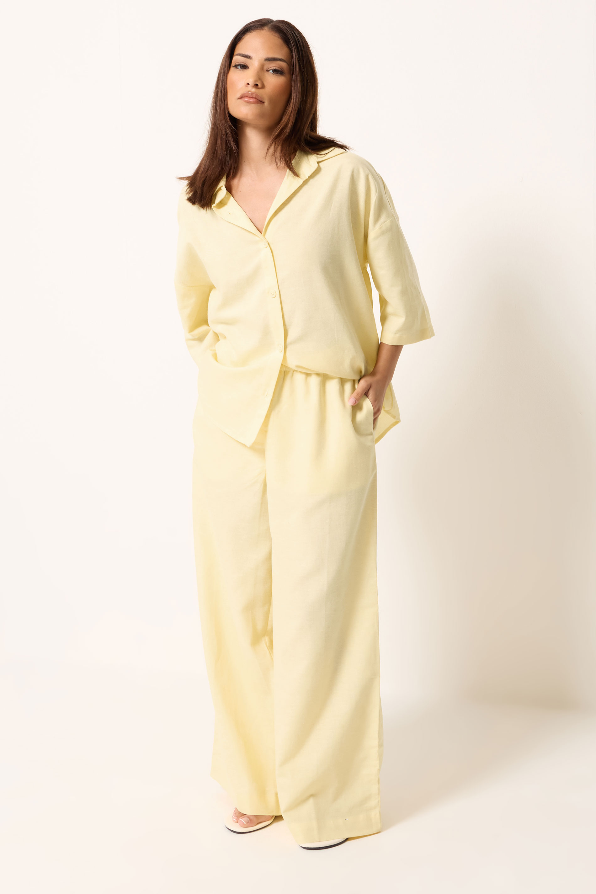 PixieGirl Petite Women's Set Yellow Linen Shirt & Wide Leg Trousers | PixieGirl 3