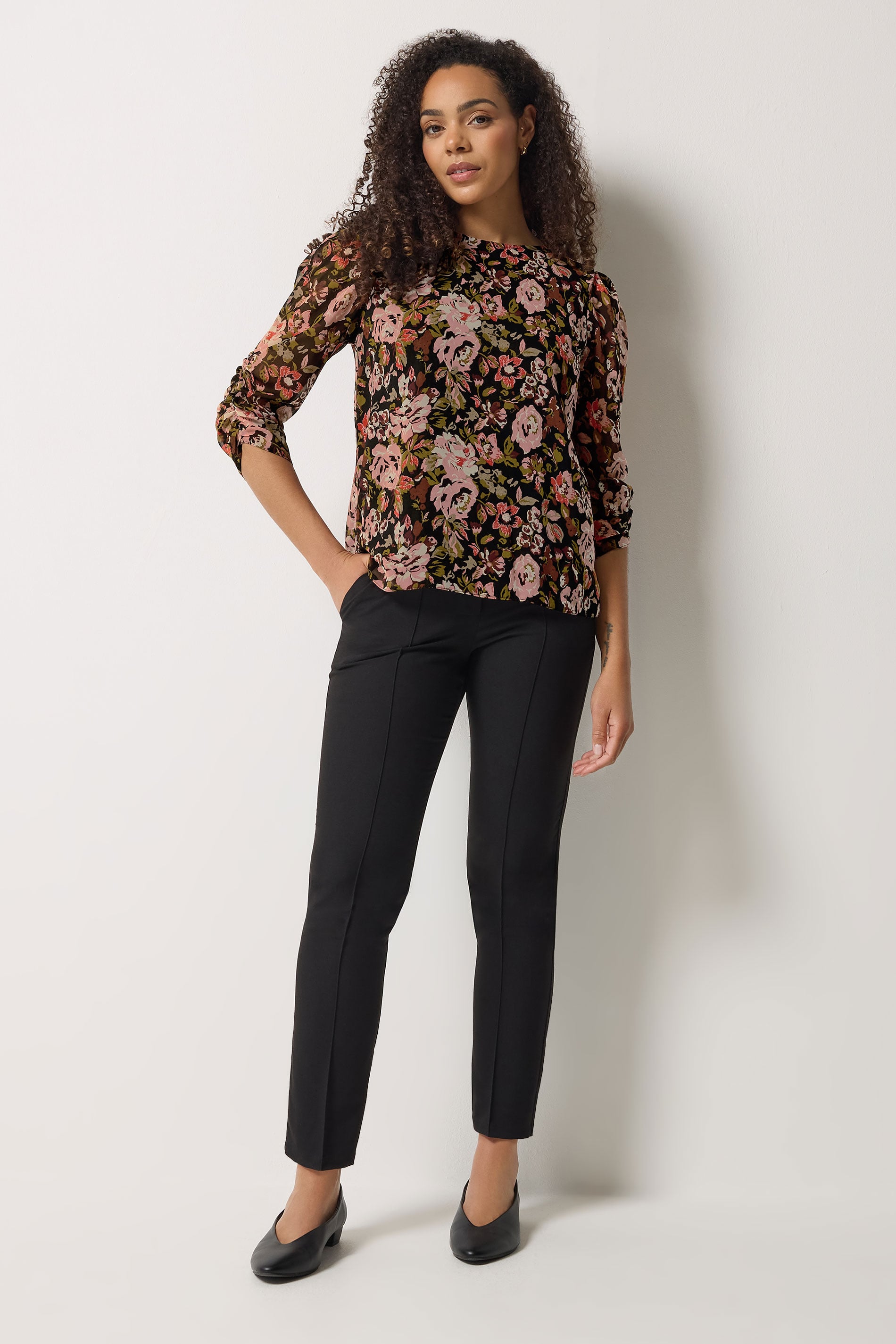 M&Co Black Floral Angel Sleeve Blouse | M&Co 1