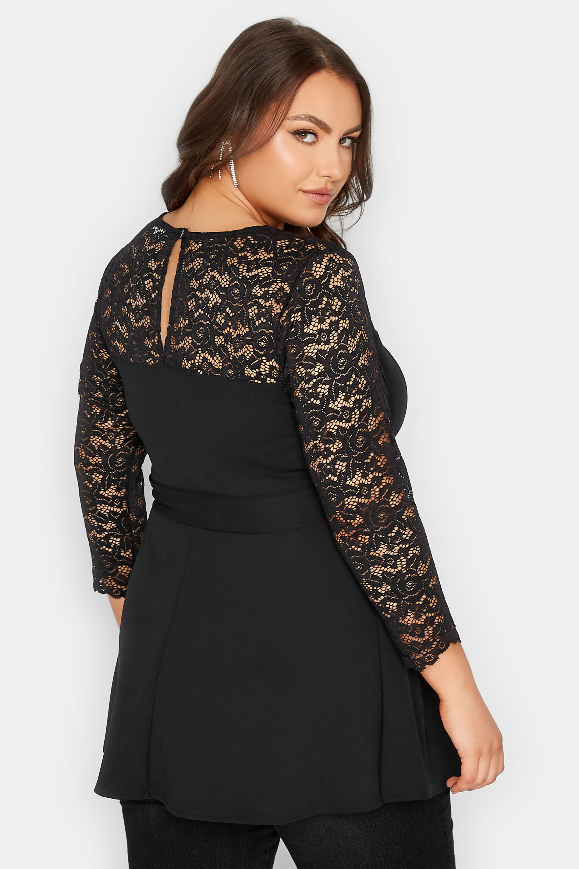 YOURS LONDON Curve Plus Size Black Lace Sweetheart Peplum Top | Yours Clothing  3
