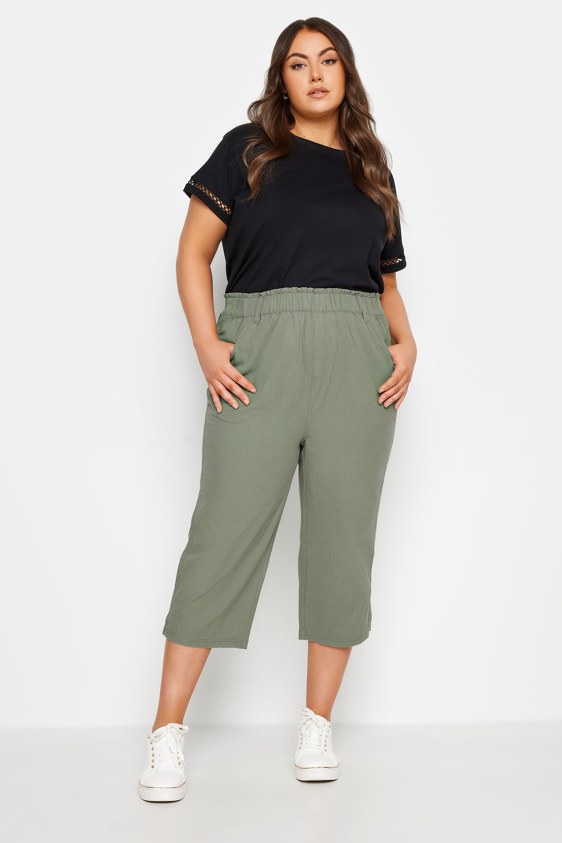 YOURS Plus Size Green Khaki Cool Cotton Cropped Trousers  2
