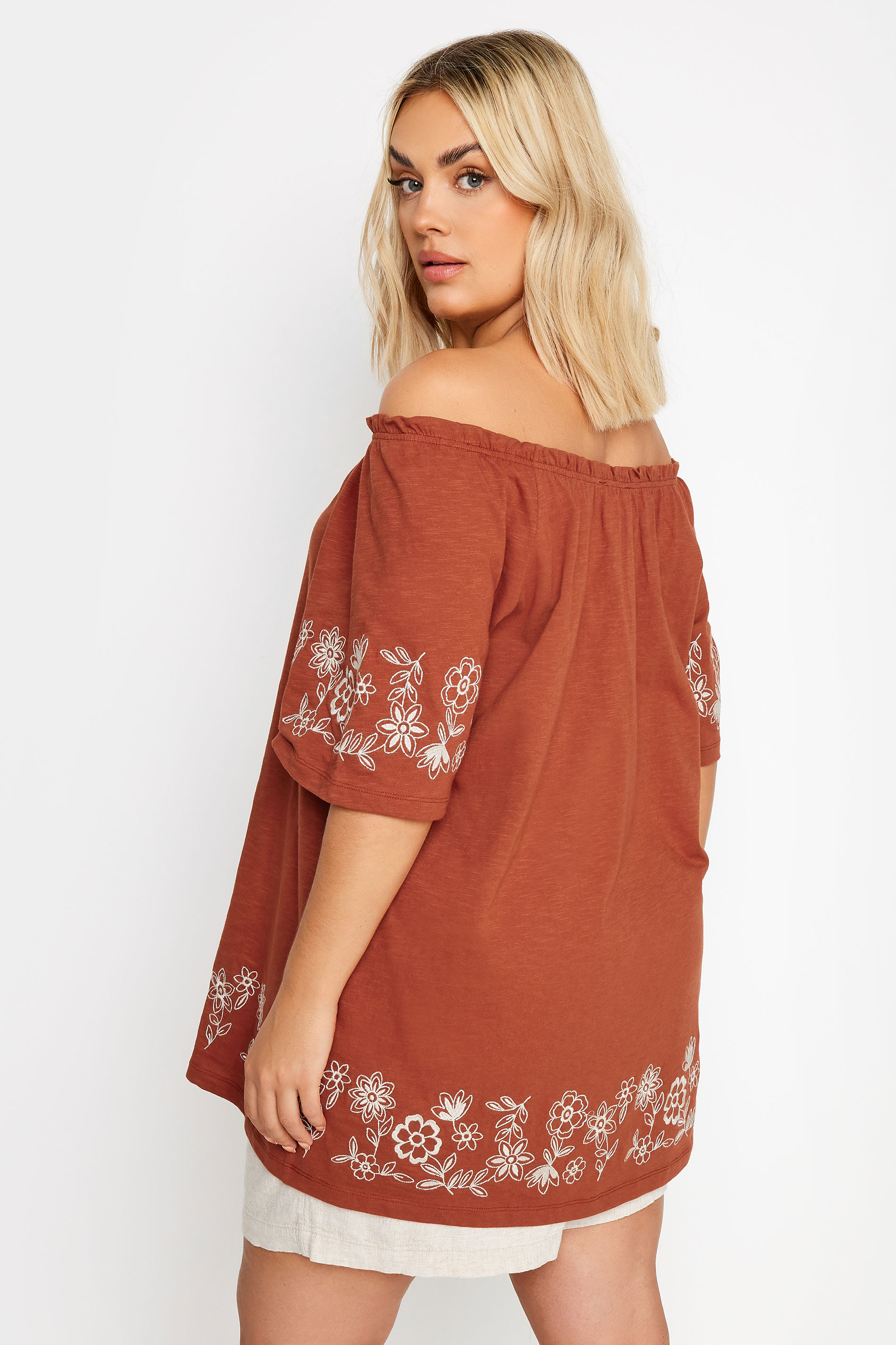 YOURS Plus Size Orange Embroidered Detail Bardot Top | Yours Clothing 3