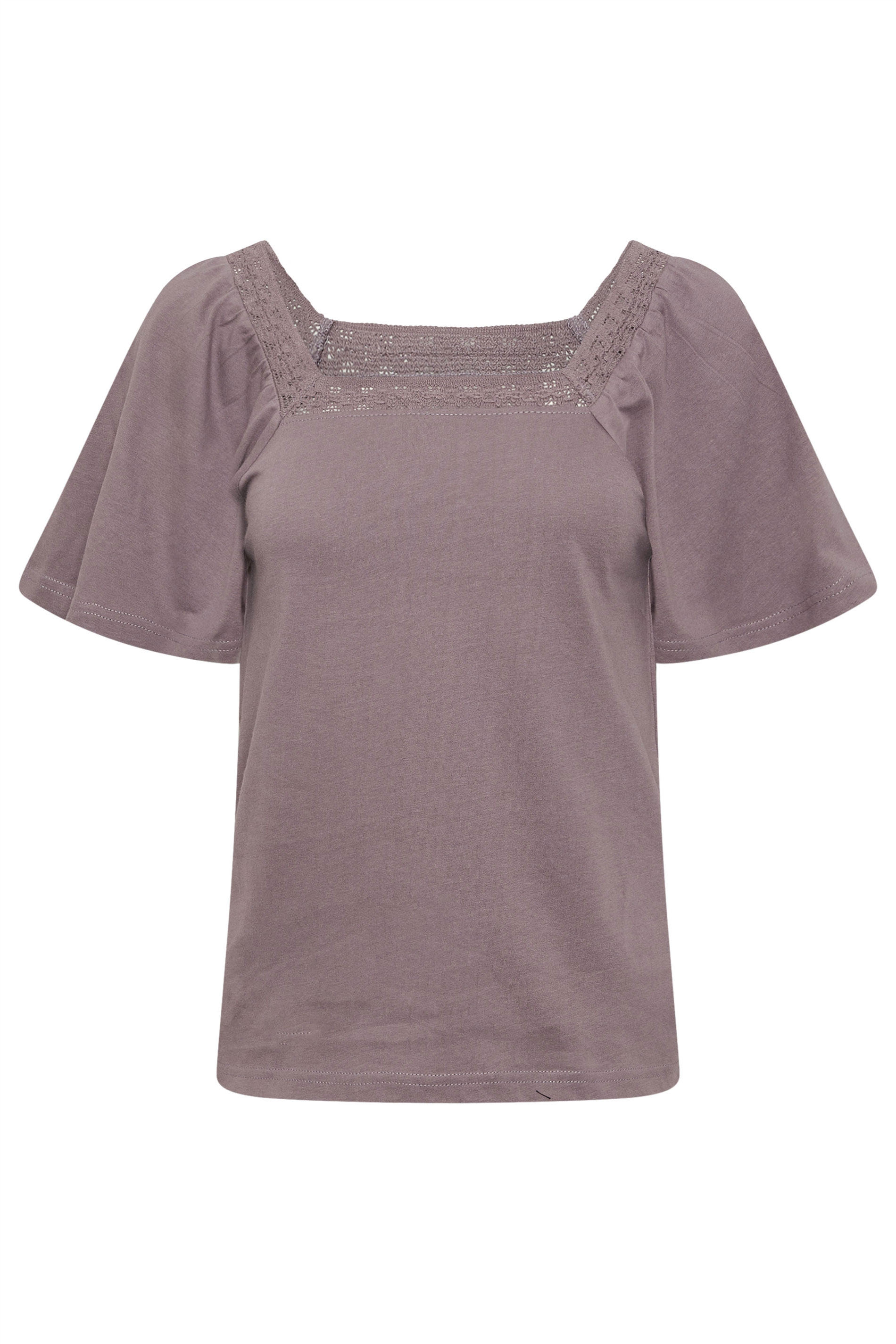 PixieGirl Petite Women's Light Purple Crochet Trim Flutter Sleeve Cotton T-Shirt | PixieGirl 5