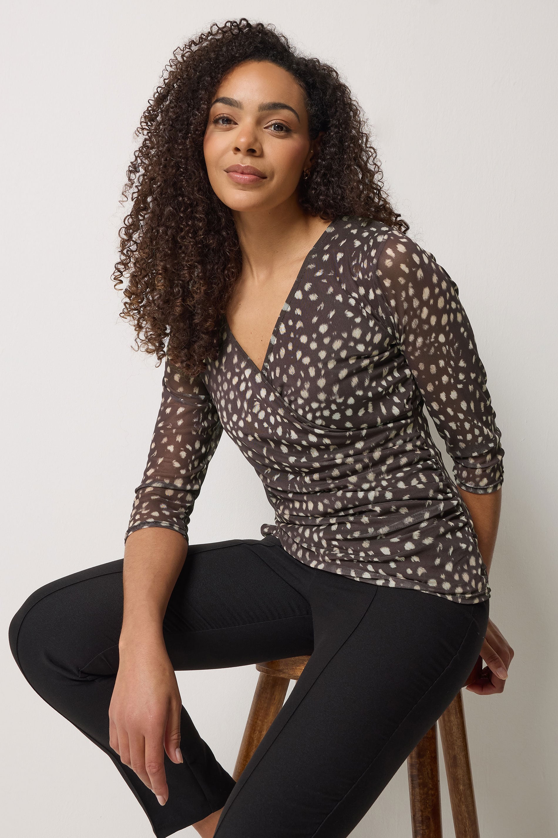 M&Co Brown Animal Print Mesh Sleeve Wrap Top | M&Co 3
