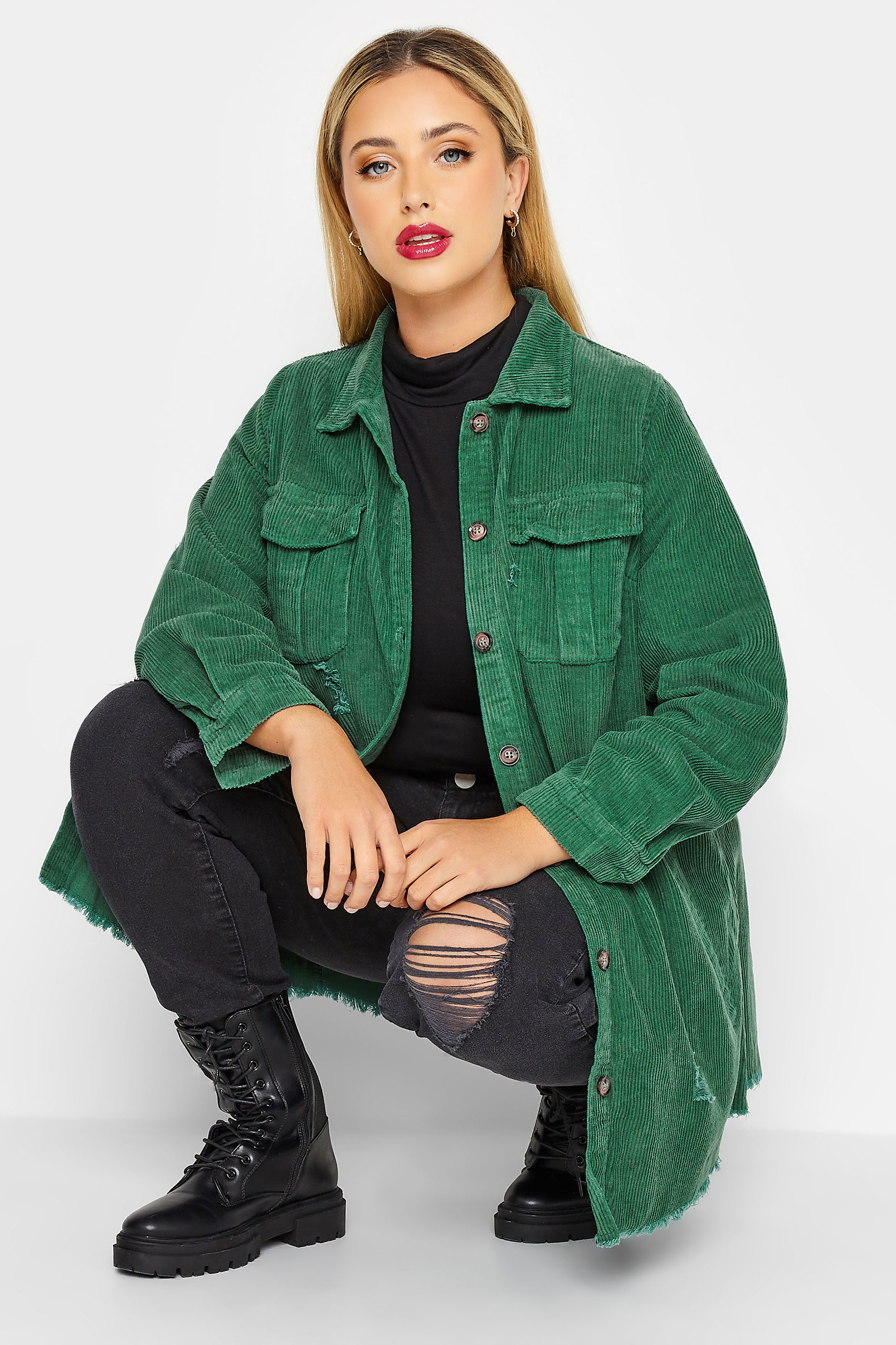 LIMITED COLLECTION Plus Size Green Ripped Cord Shacket | Yours Clothing 1