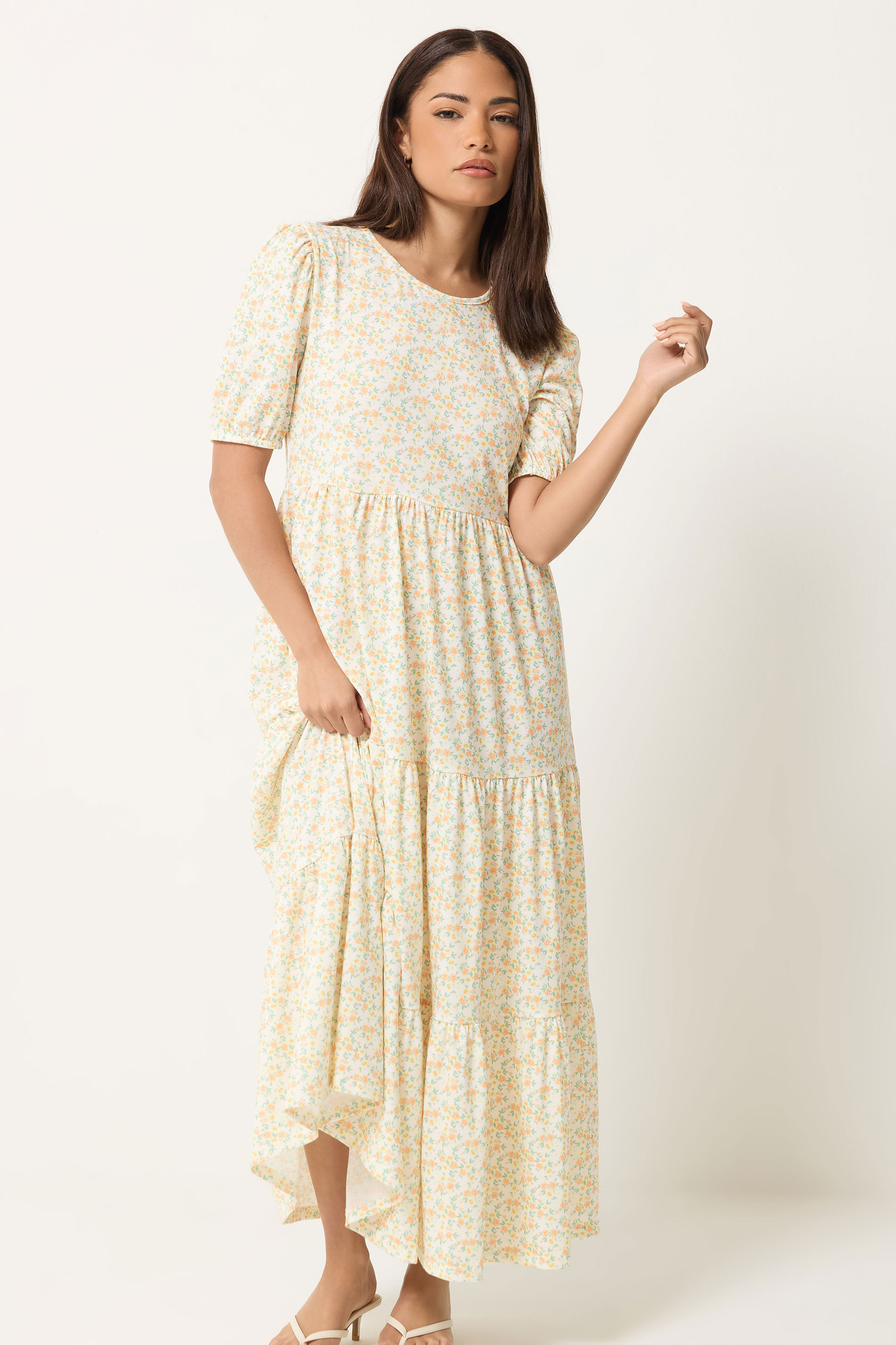 PixieGirl Petite Women's Orange Ditsy Floral Tiered Maxi Dress | PixieGirl 1