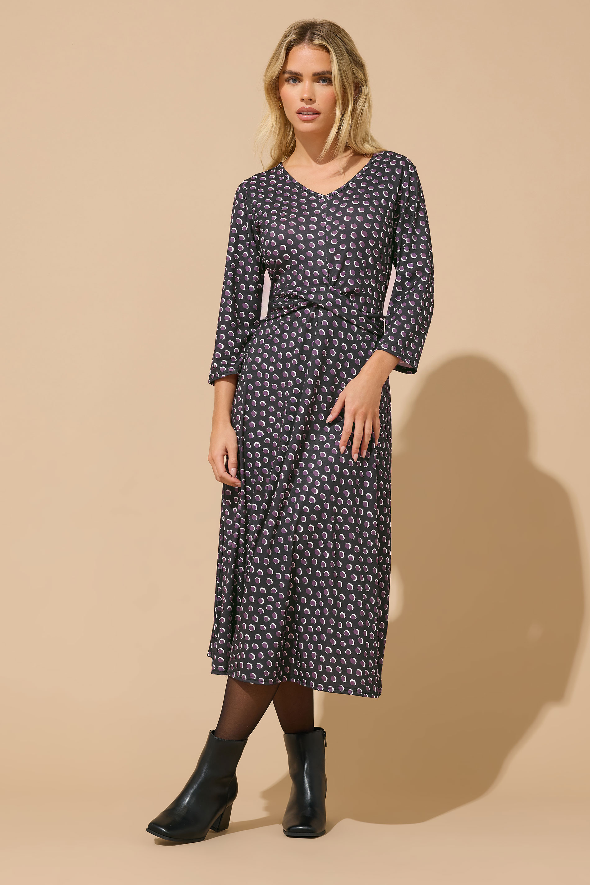 M&Co Petite Berry Purple Spot Twist Front Dress | M&Co 3