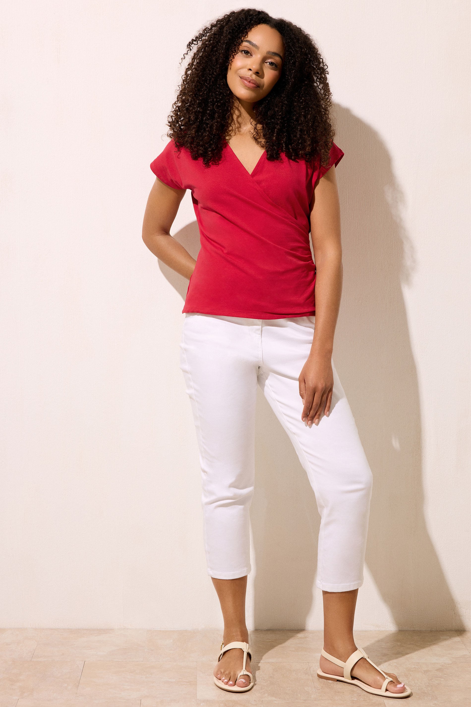 M&Co Red Grown-on Sleeve Cotton Wrap Top | M&Co 3