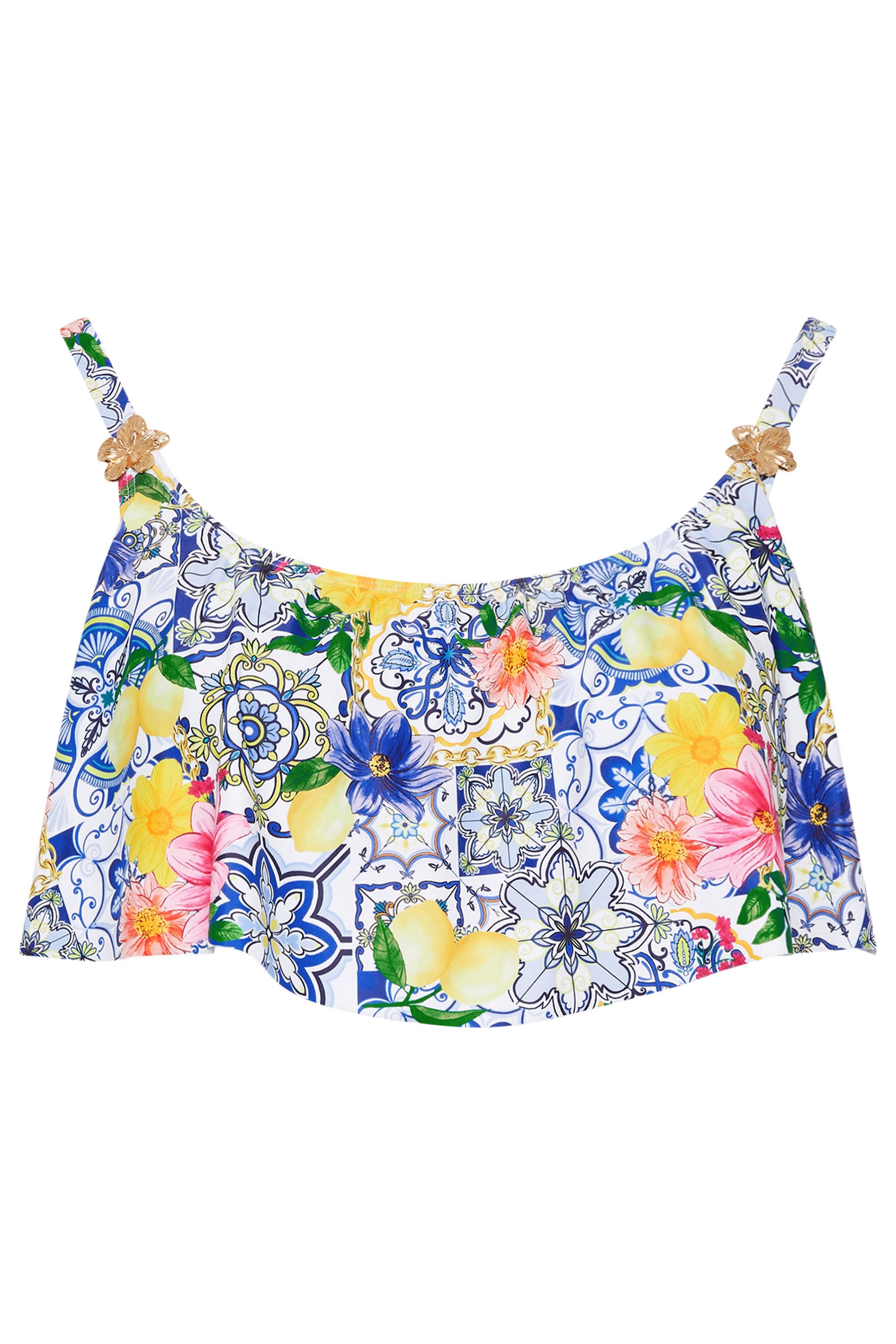 YOURS Plus Size Blue Mediterranean Tile Frill Bikini Top | Yours Clothing 6