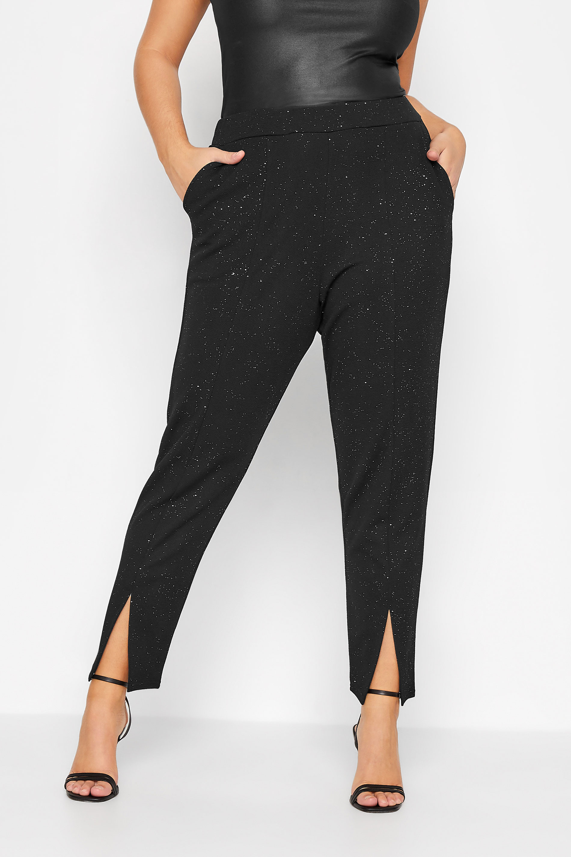 LIMITED COLLECTION Plus Size Black Glitter Split Hem Tapered Trousers | Yours Clothing 1