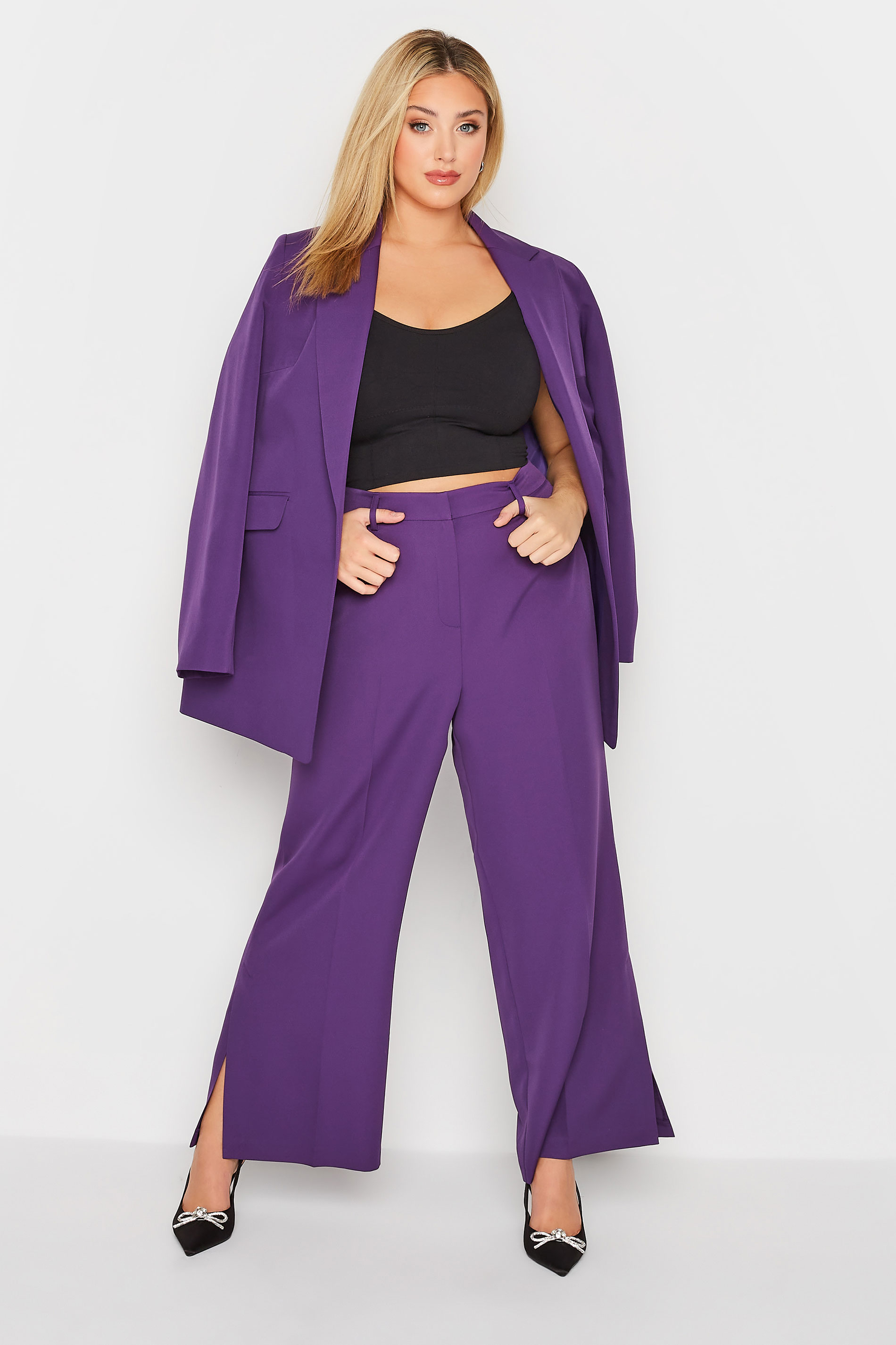 Plus Size Purple Split Hem Flared Trousers | Yours Clothing 2