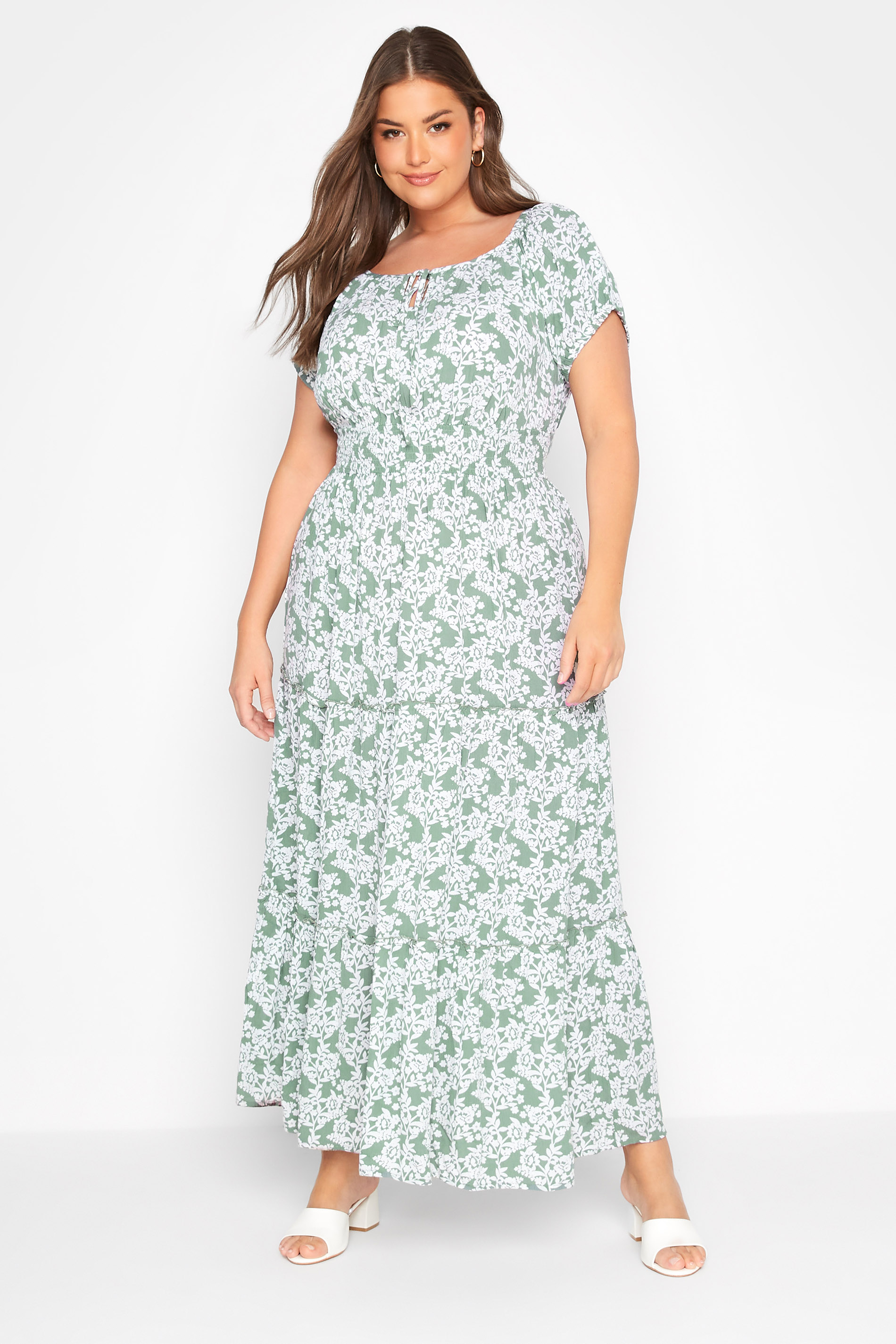 Curve Sage Green Floral Print Bardot Maxi Dress_A.jpg