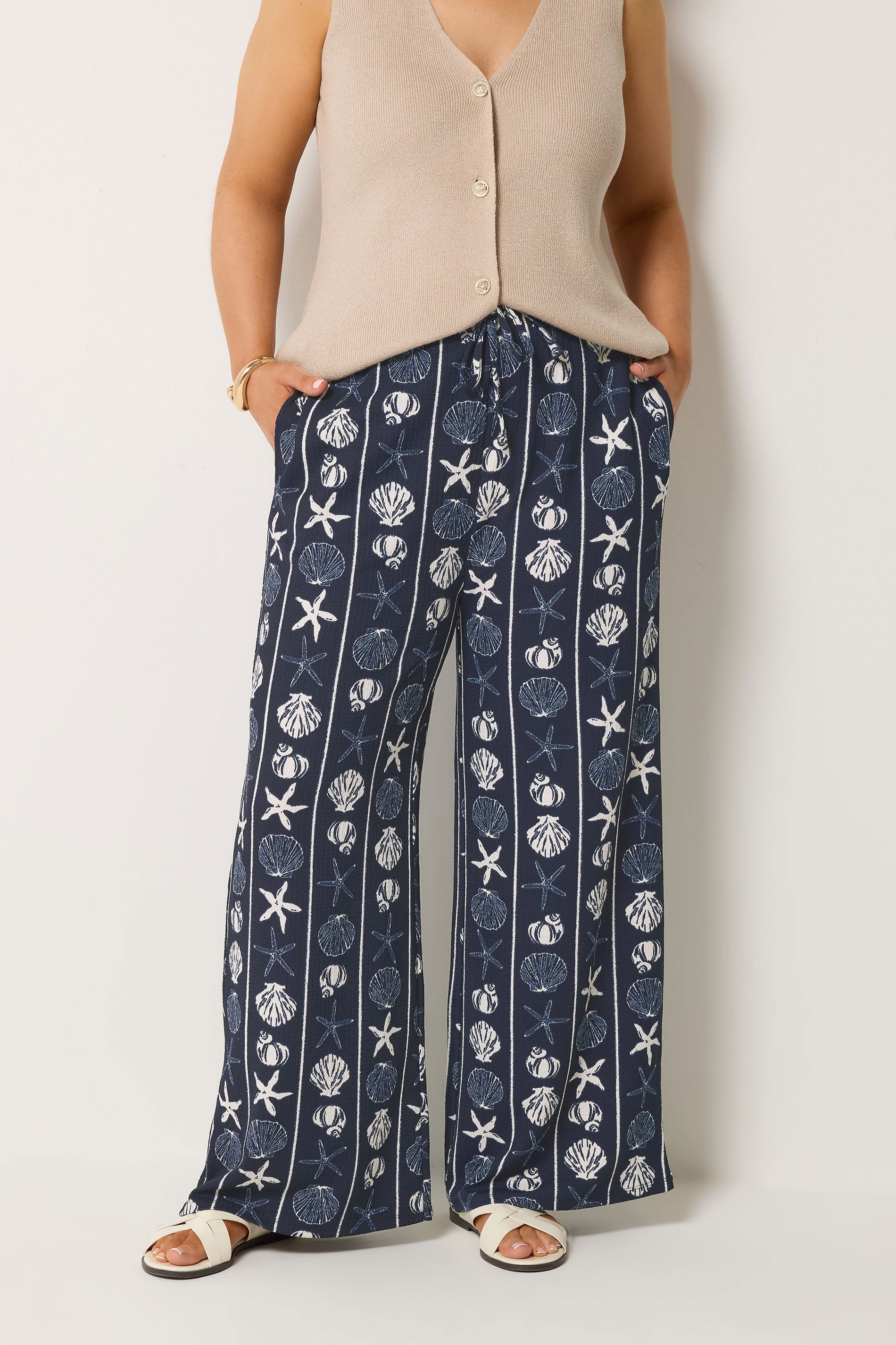 YOURS Plus Size Seashell Print Crinkle Wide Leg Trousers | Yours Clothing 3