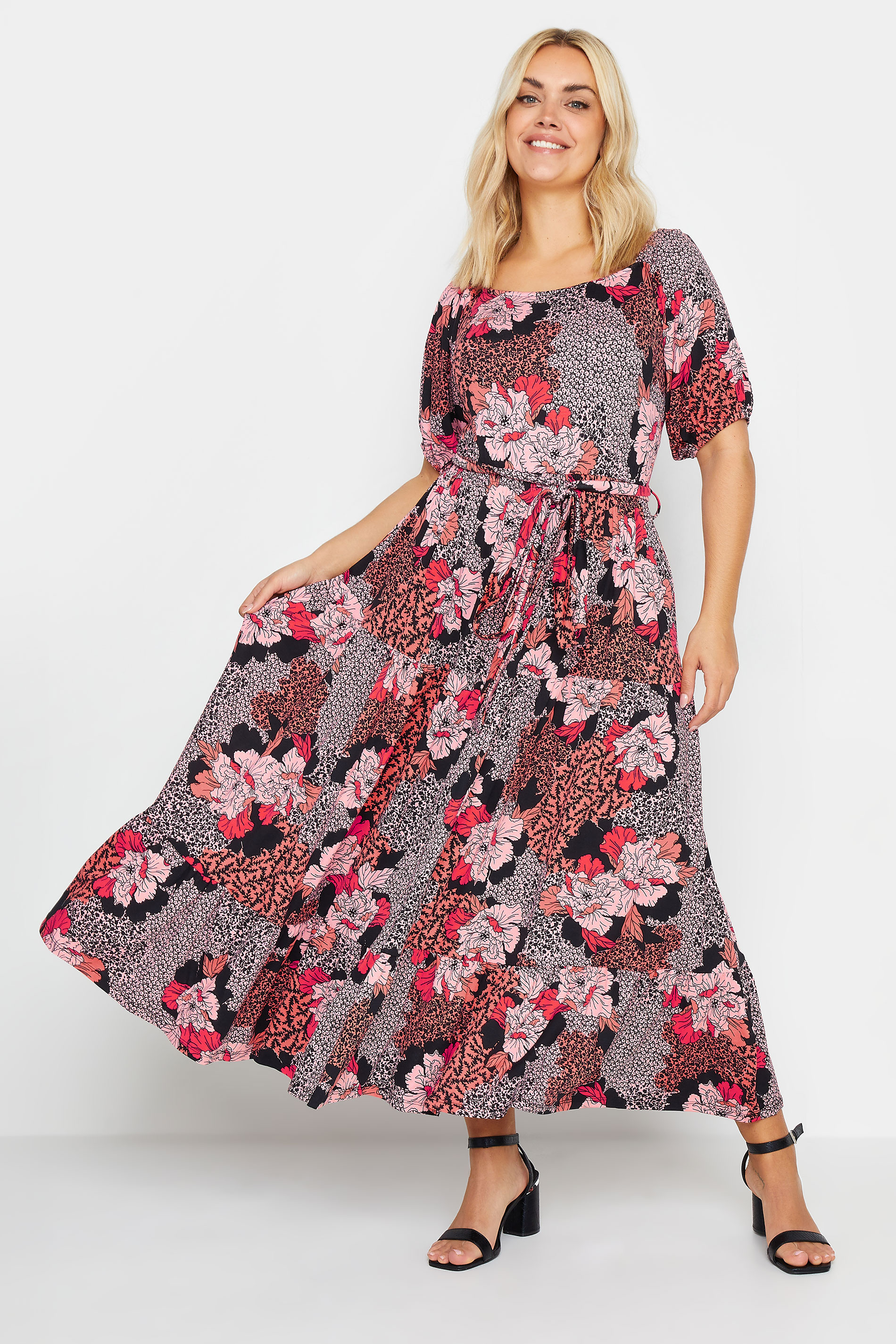 YOURS Plus Size Pink Floral Print Tiered Maxi Dress | Yours Clothing 1