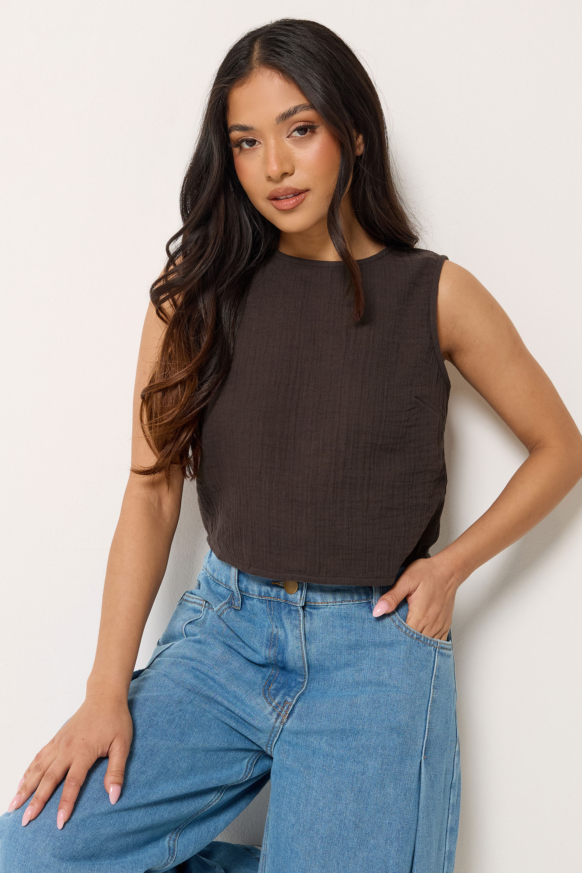 PixieGirl Petite Women's Chocolate Brown Cotton Cheesecloth Top | PixieGirl 3