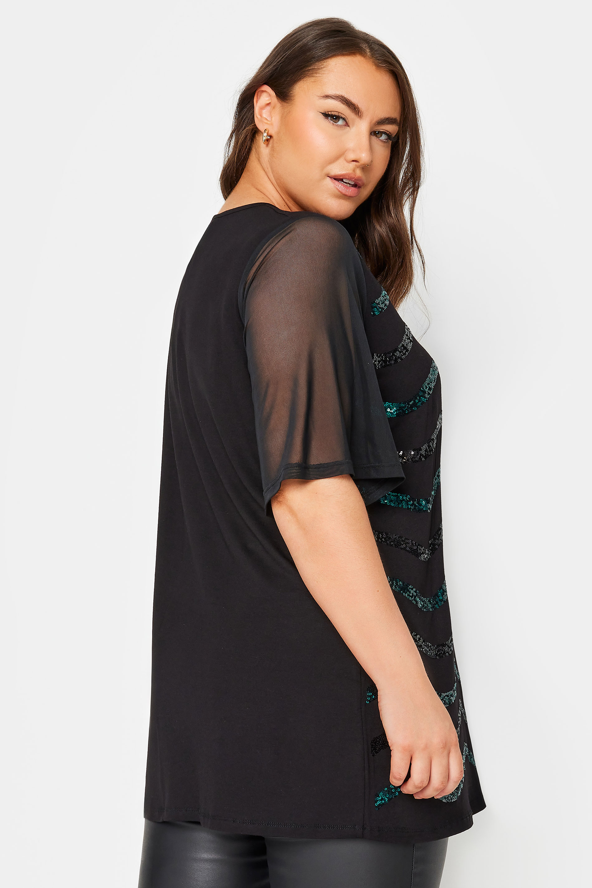 YOURS Plus Size Black & Blue Sequin Embellished Mesh Sleeve Top | Yours Clothing 3
