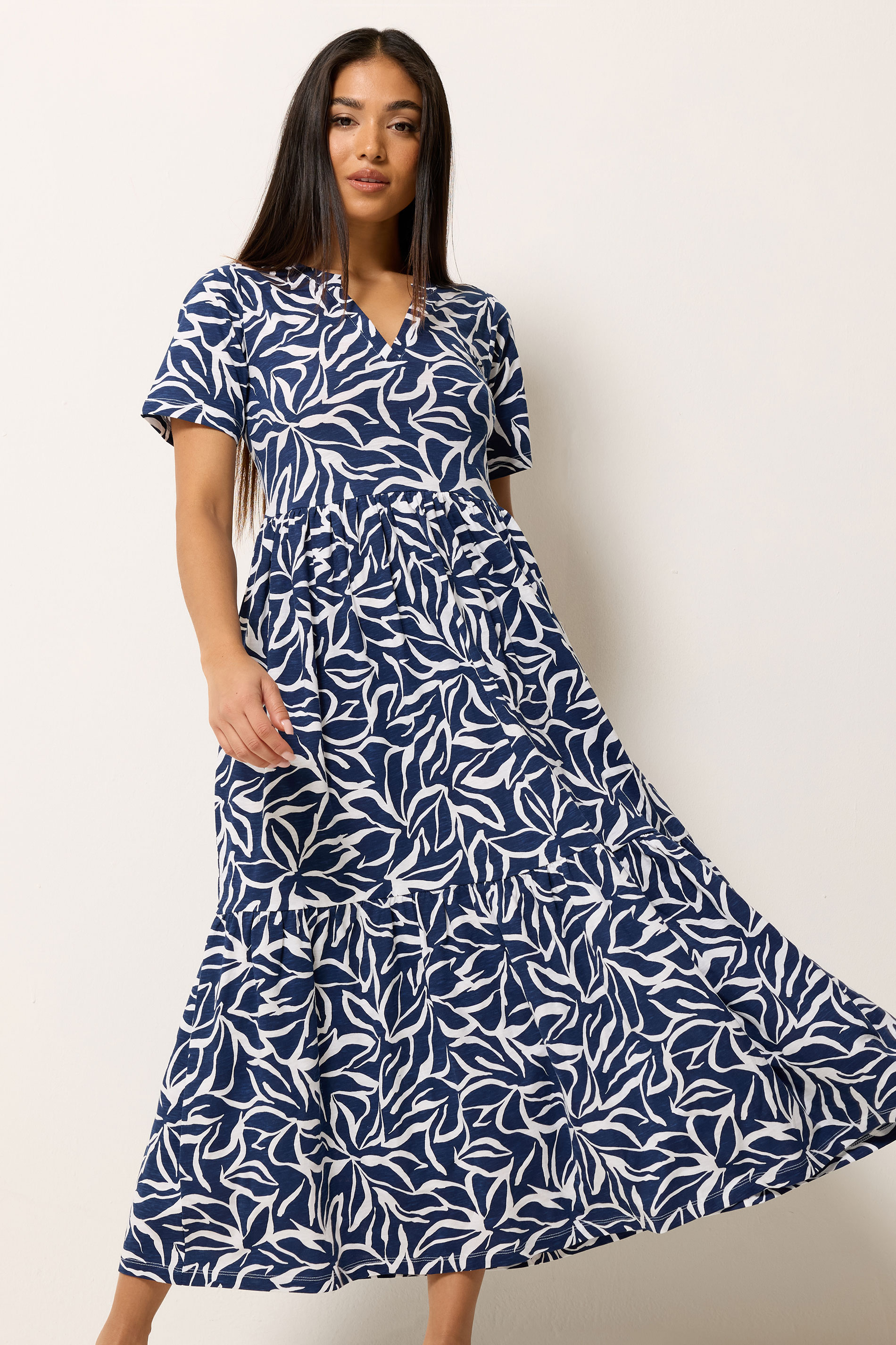 M&Co Petite Navy Blue Abstract Print Tiered Cotton Maxi Dress | M&Co 1