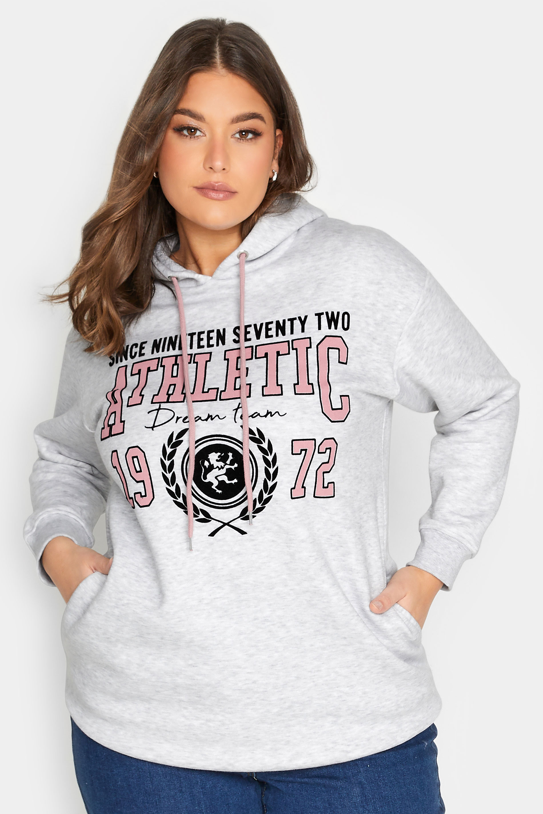 Plus Size Grey Marl Varsity Slogan Soft Touch Hoodie | Yours Clothing 1