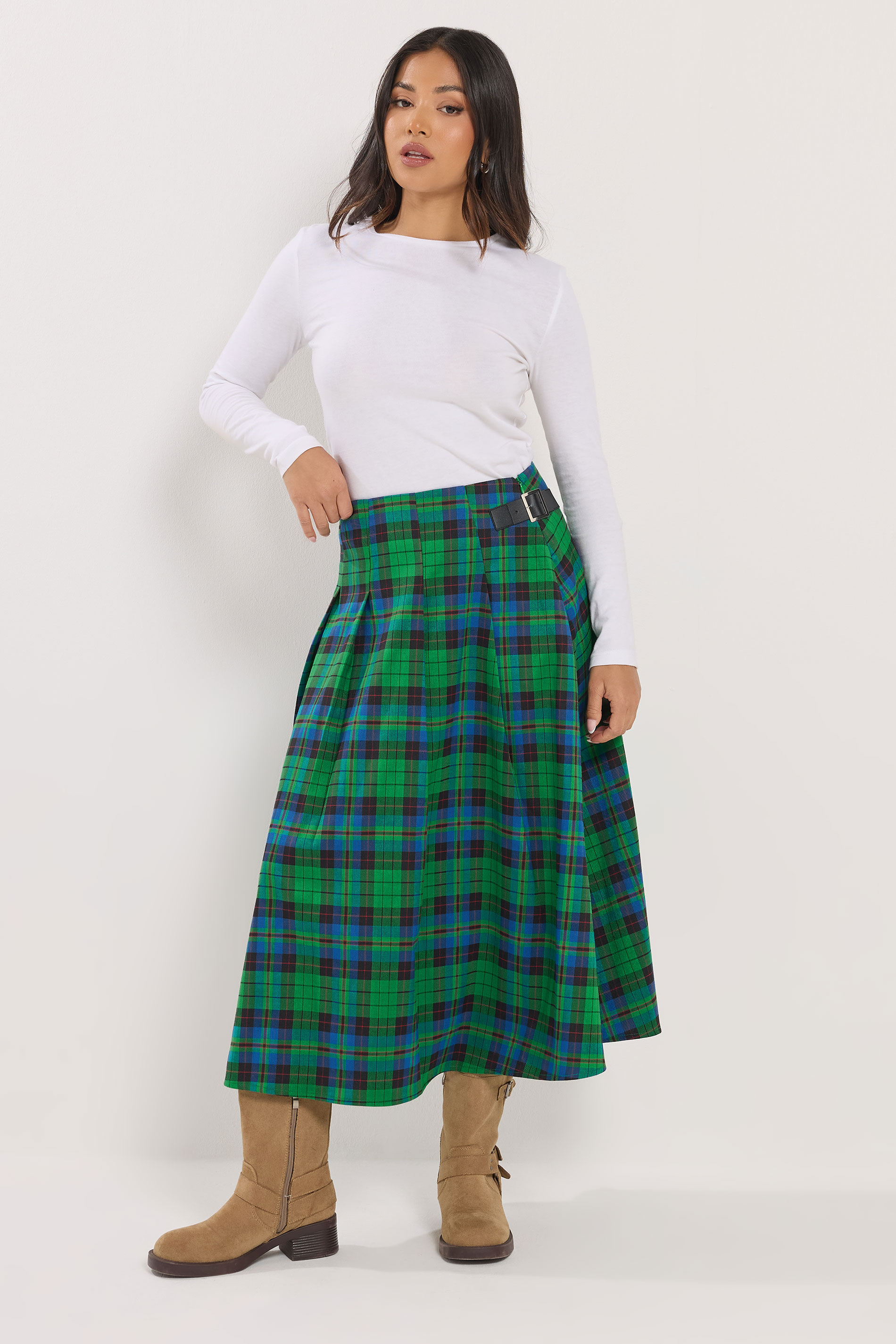 PixieGirl Petite Women's Green & Blue Check Midi Skirt | PixieGirl 3